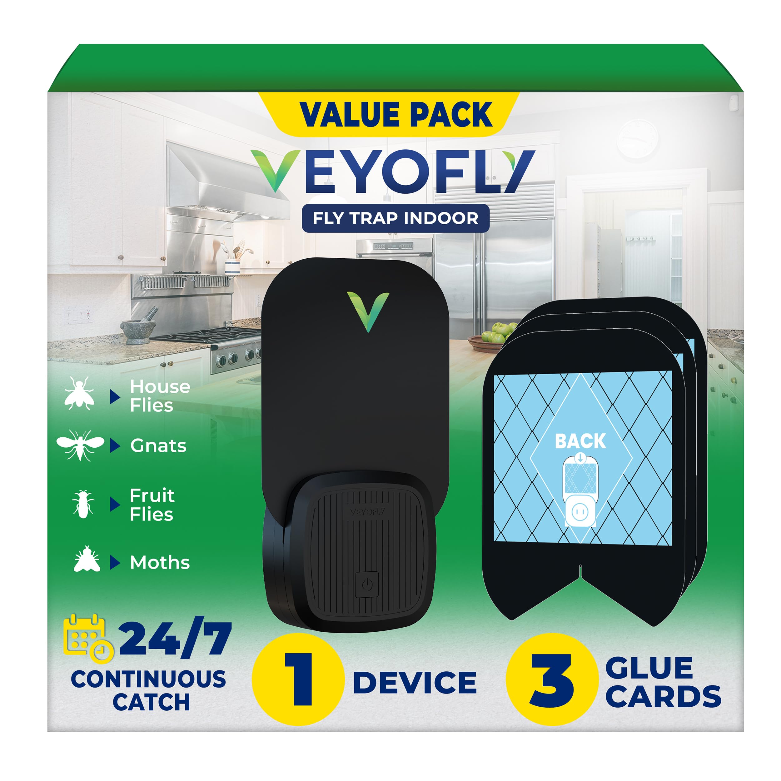 VEYOFLY Fly Trap Indoor, Fruit Fly Traps for Indoor, (1 Device + 3 Refills) Gnat Traps for House, Fly Catcher, Plug in Light Flying Insect Trap, Bug Light Killer, Fly Trap