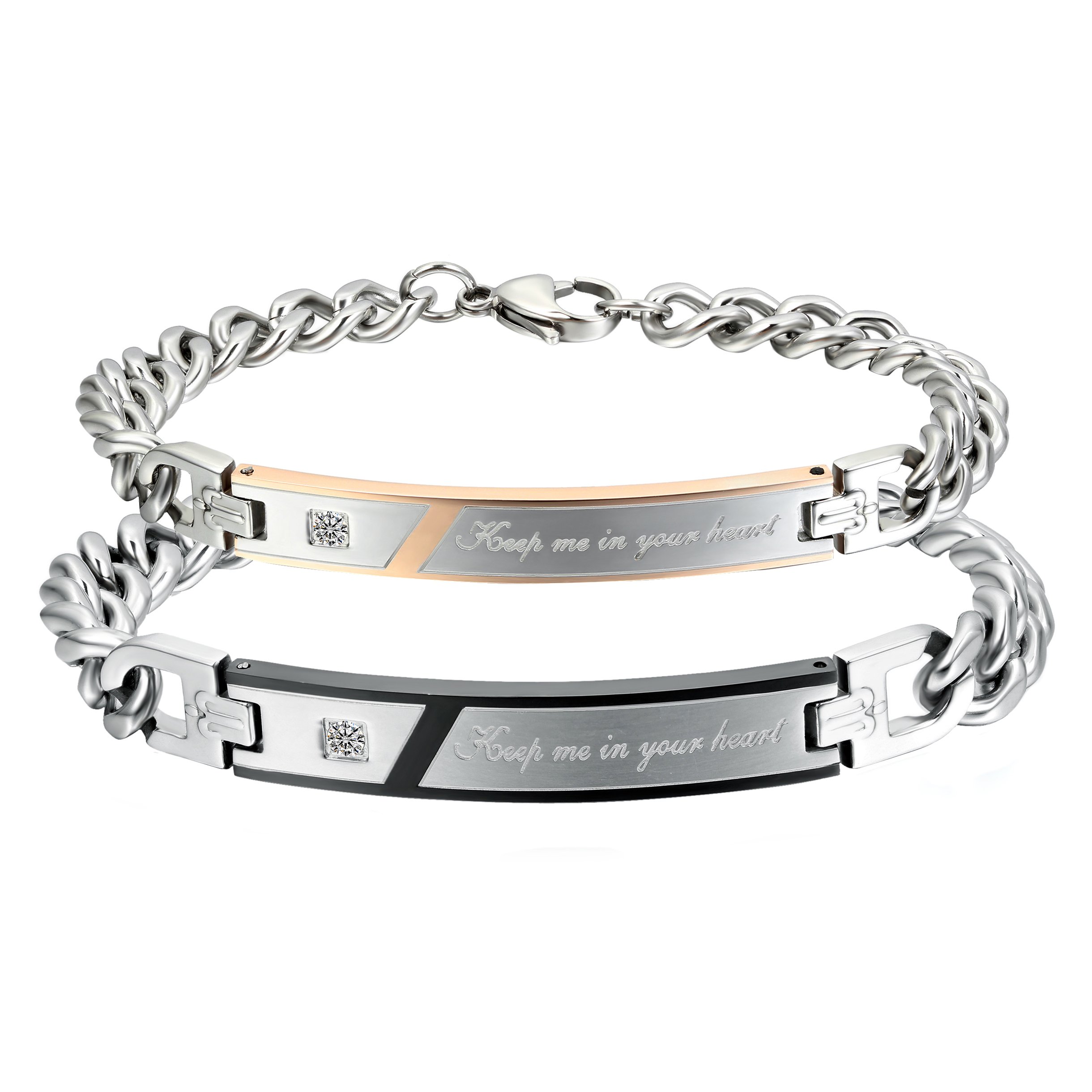 Cupimatch paar armbanden voor dames en heren, vriendschapsarmband, cadeau voor Valentijnsdag, zilver, zwart, roségoud..., Roestvrij staal