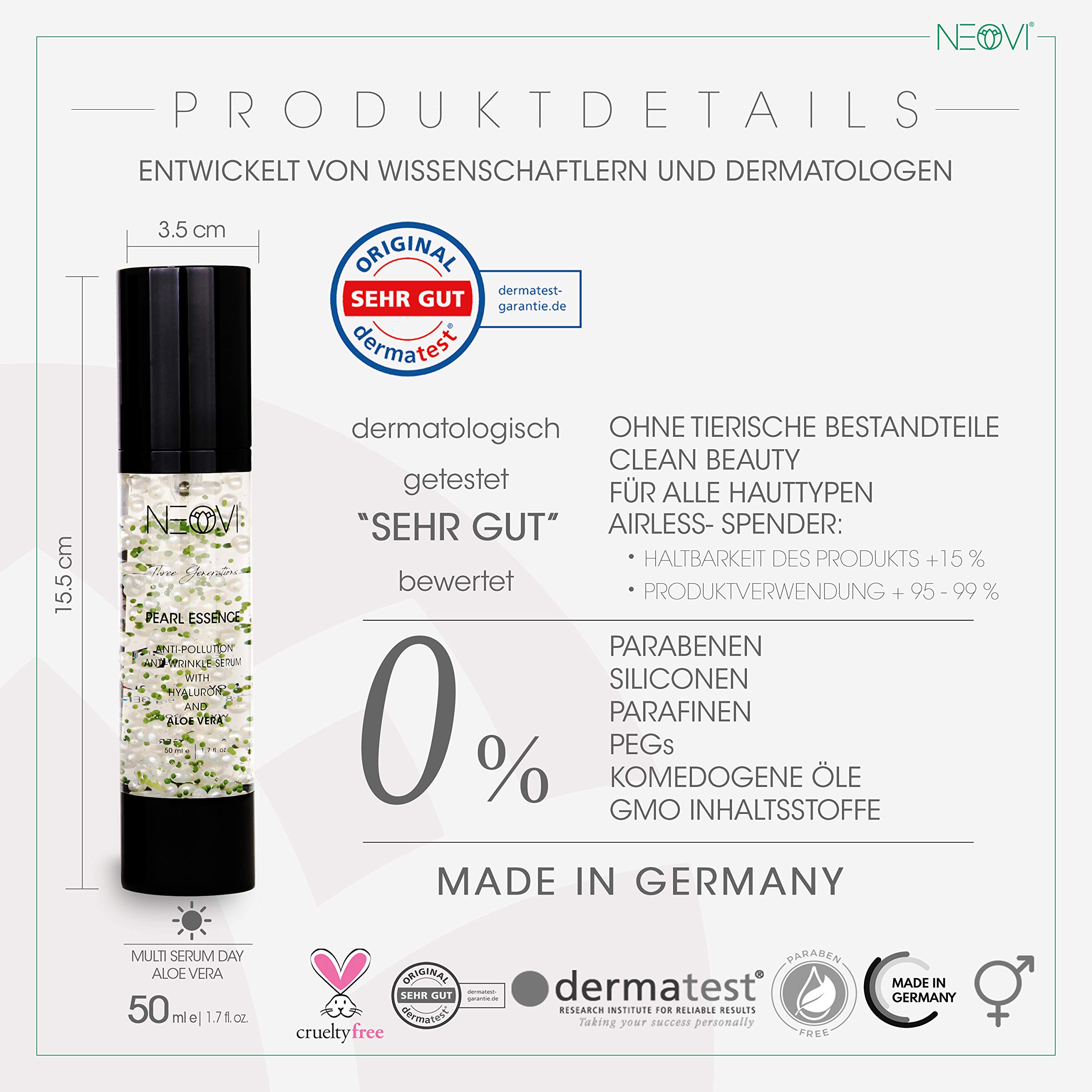PEARL ESSENCE 50 ml | HYALURON Serum | ALOE VERA | ANTI AGING, ANTI FALTEN & LIFTING Gesichtspflege| Vitamin A B C D E + Mineral Feuchtigkeitscreme+ Hyaluronsäure |Dermatest SEHR GUT