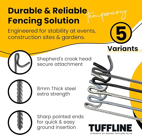 Fencing Pins 125cm – Pack of 10 – Standard, Black Coated, Galvanised, Ribbed, Ribbed Galvanised – Heavy Duty Temporary Fence Posts (Ribbed Steel) - 4