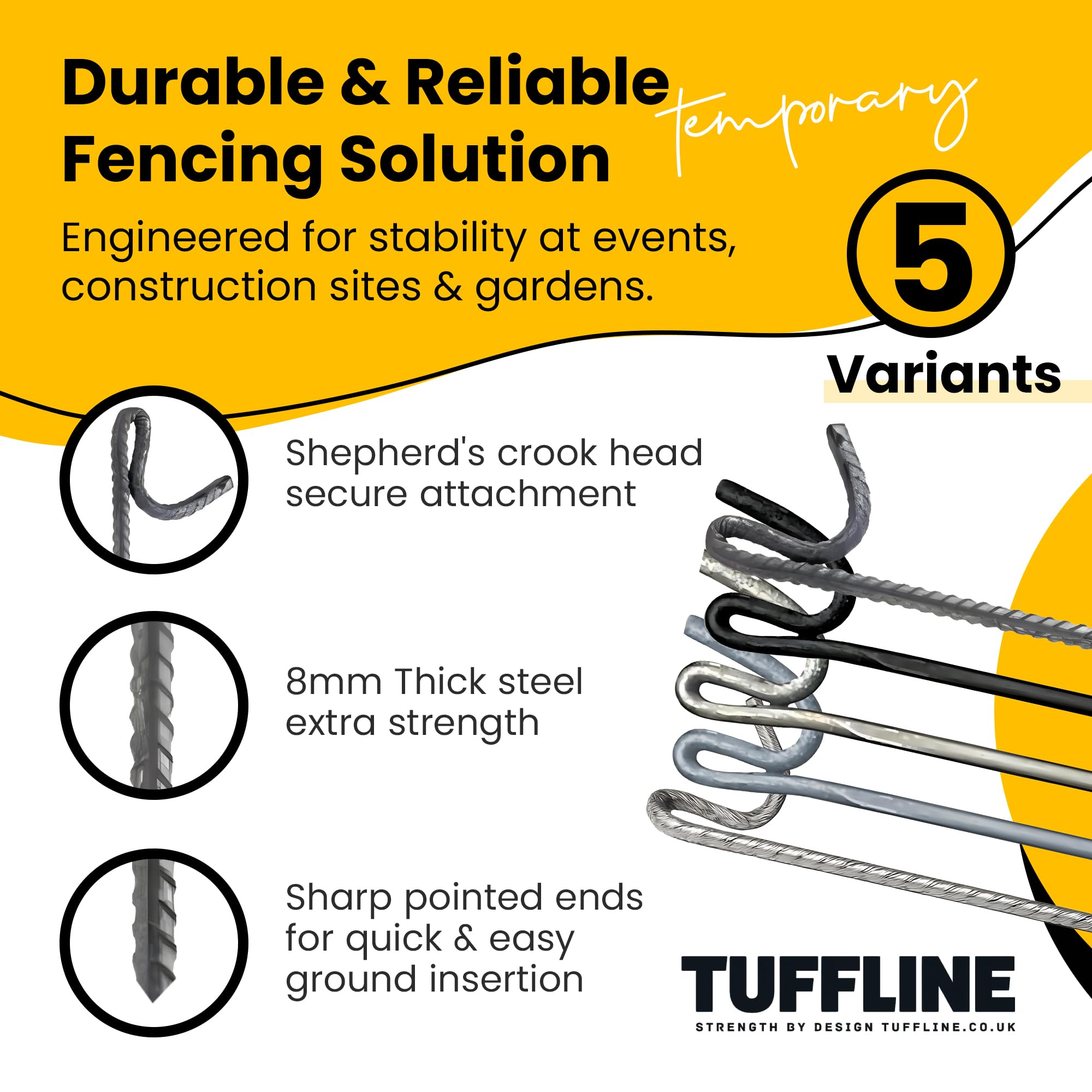 Fencing Pins 125cm – Pack of 10 – Standard, Black Coated, Galvanised, Ribbed, Ribbed Galvanised – Heavy Duty Temporary Fence Posts (Hot Dipped Galvanised) — view 4
