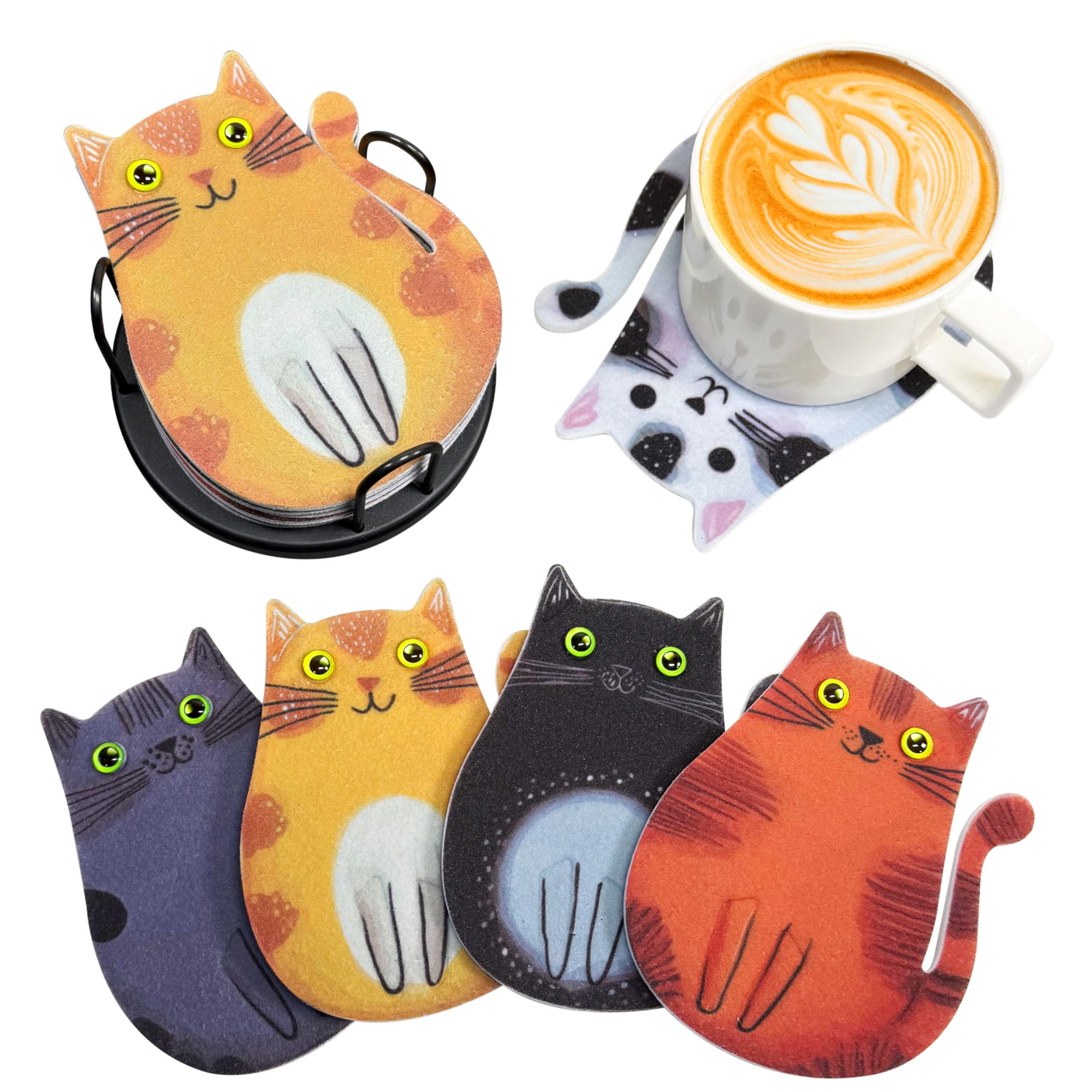 Cartoon Cat Coasters 6-Pack, Super Cute Absorbent Felt Coasters for Drinks, Non-Slip Scratch Protection for Wood Tables, Washable Rugged Coaster Set