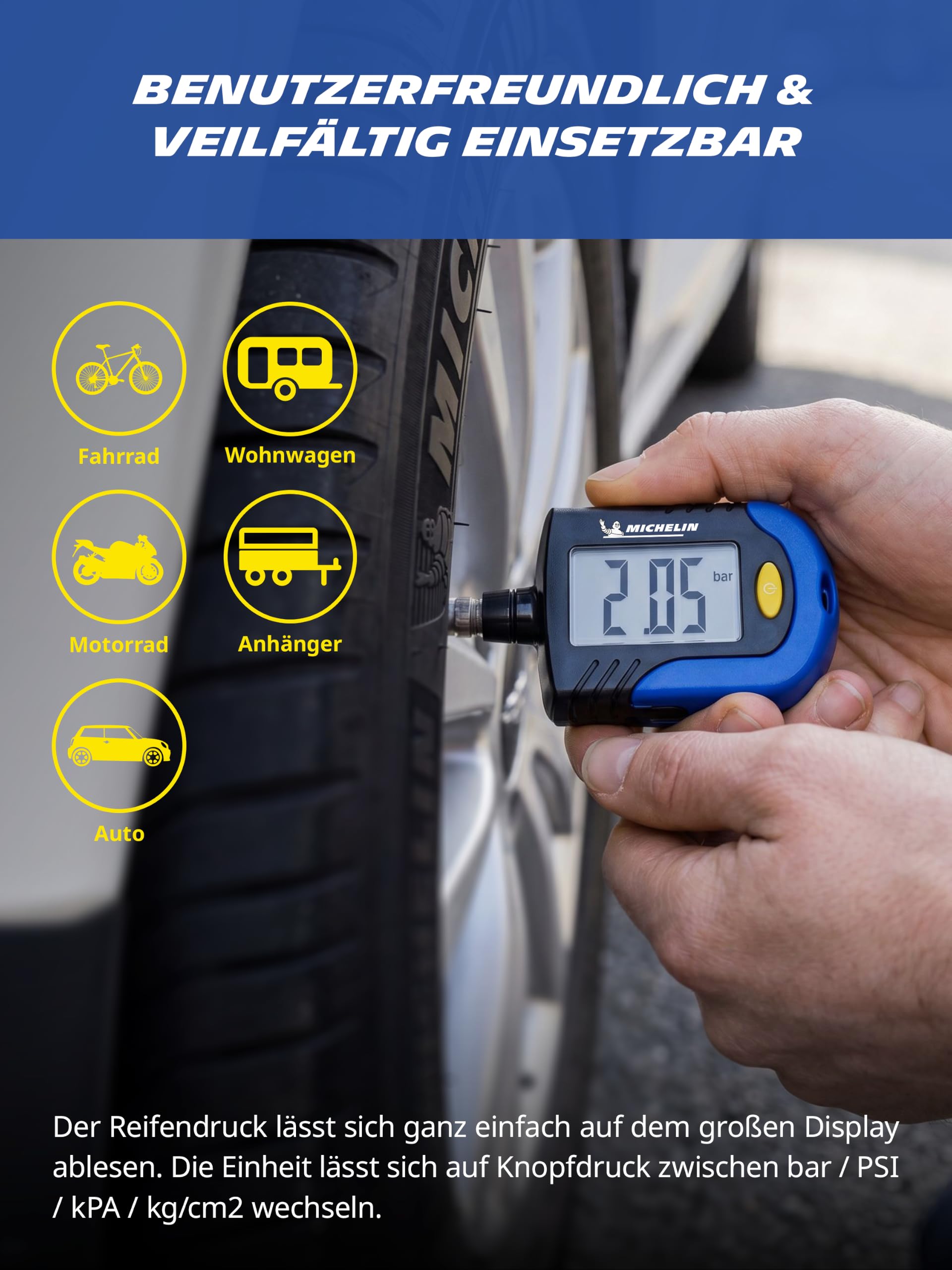 MICHELIN Verificatore di Pressione e Usura pneumaticiI + Funzione di misurazione in Bar