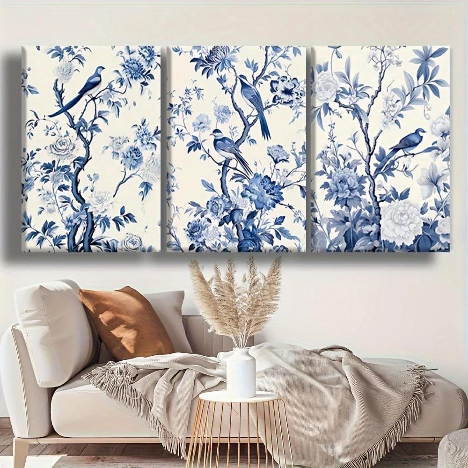 Yocheng 3pcs Blue And White Floral Bird Canvas Wall Art Set -Traditional Chinese 60x80cmx3 No Frame