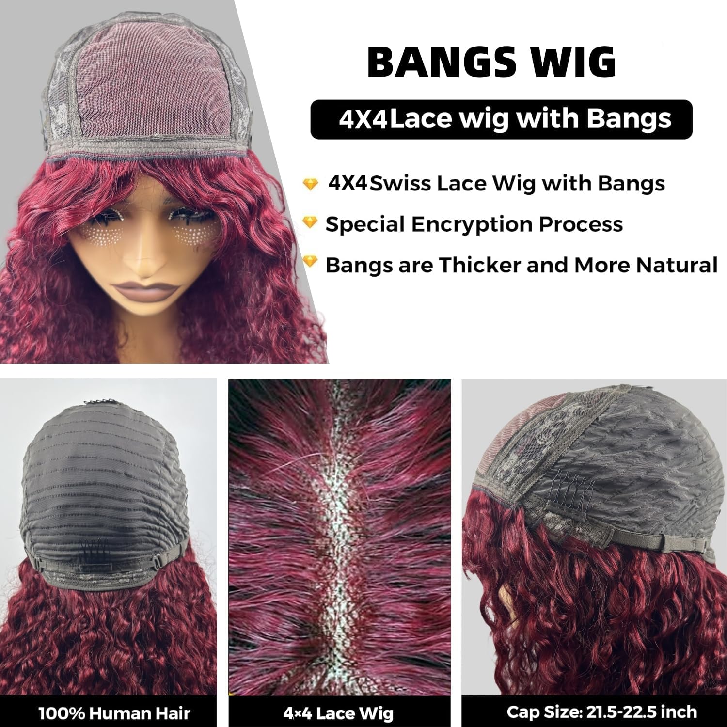 Burgundy Curly Wig with Bangs Human Hair 4x4 HD Lace Glueless Wig Human Hair Curly Wave Human Hair Wigs with Bangs for Black Women (Burgundy, 22inch)