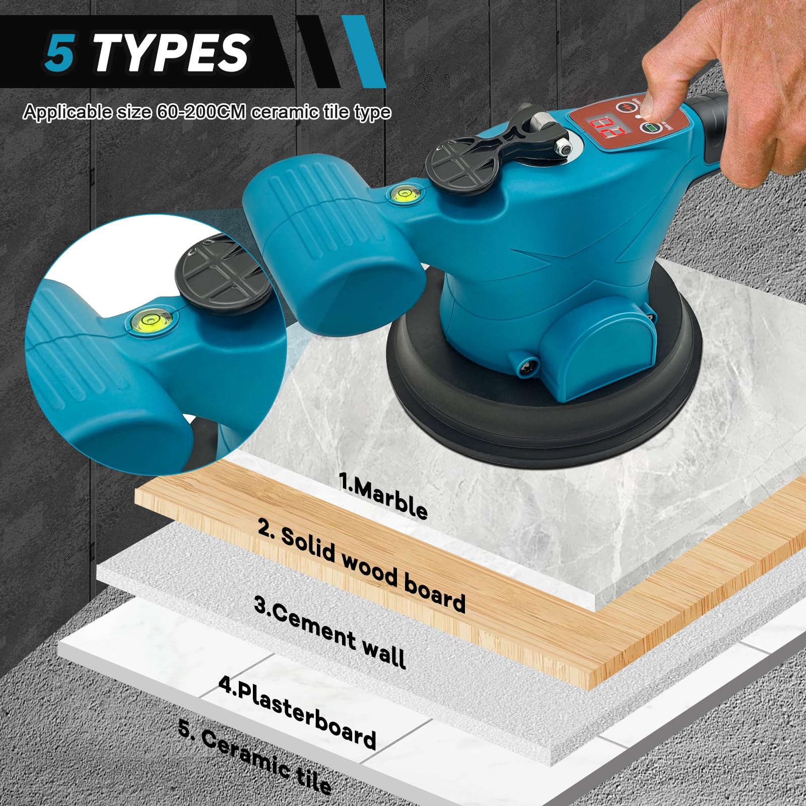Professioneller Akku Fliesenleger, Fliesenvibrator kompatibel mit Makita 18V Akku, Fliesenlegergerät mit 9 verstellbaren Zahnrädern, 16cm Saugnapf und 200kg Adsorption zum Verlegen von 0,3-2m Fliesen