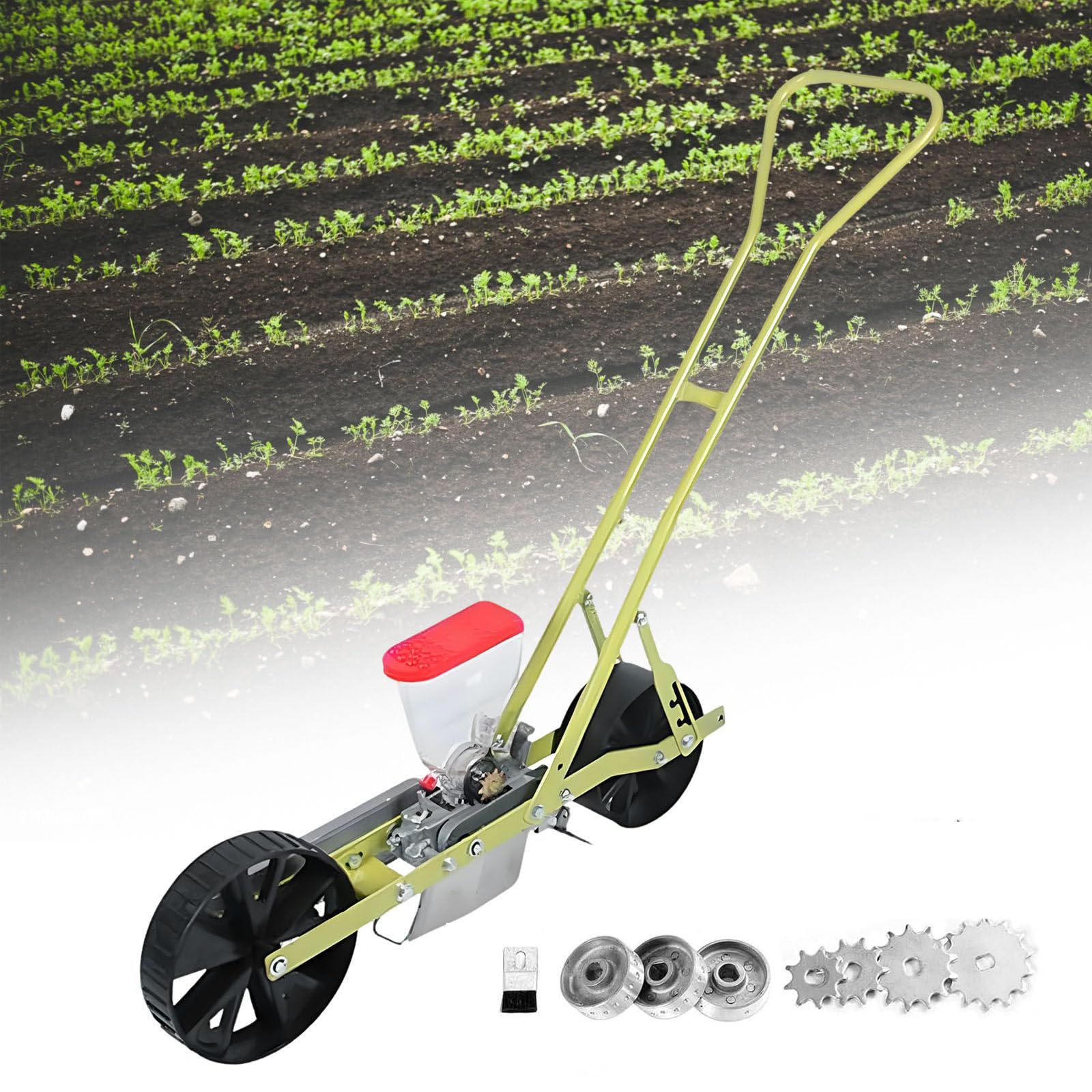 Seminatrice da Giardino a Spinta Manuale, Seminatrice di Precisione per Semi da 2-10 Mm (Cavolo/Ravanello), Distanza tra Le File/Distanza tra Le Piante/profondità Regolabile 1Row