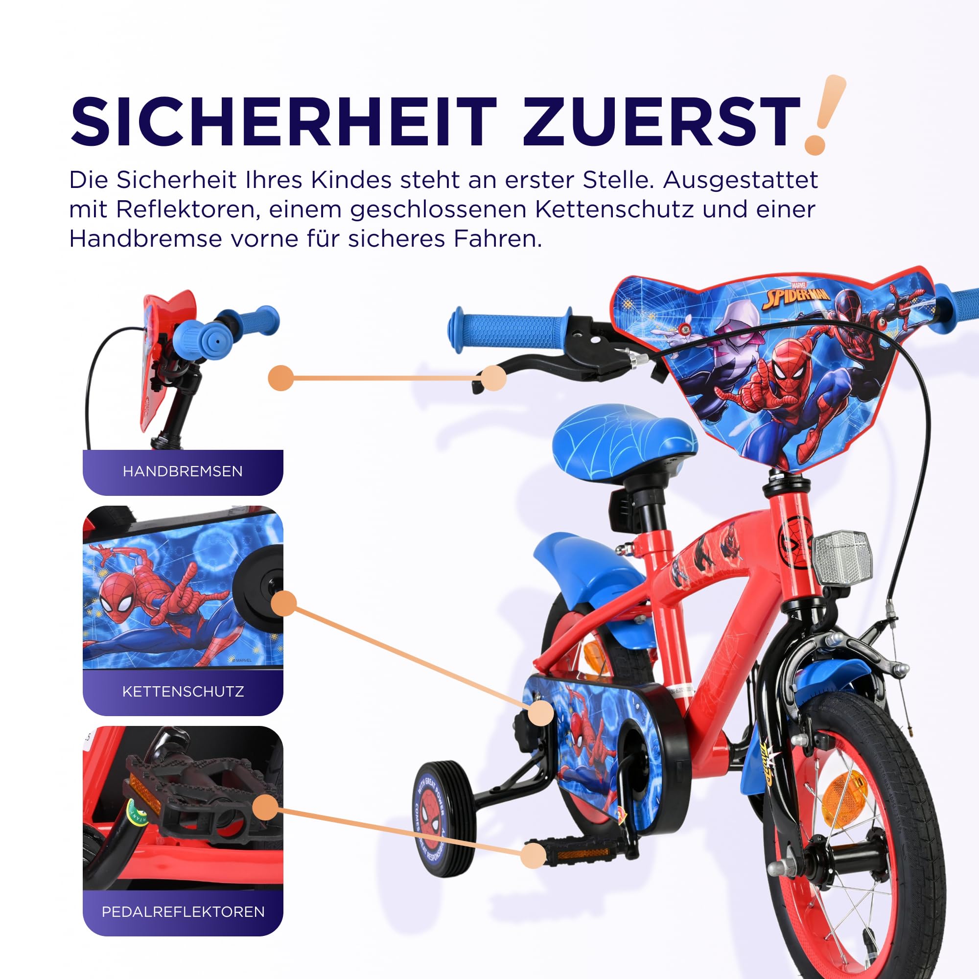 Volare Spider-Man Kinderfahrrad 14 Zoll | 3,5–5 Jahre | Hand- & Rücktrittbremse, Stützräder, Kettenschutz, Reflektoren | Verstellbarer Sattel | Geschenk für Jungen & Mädchen