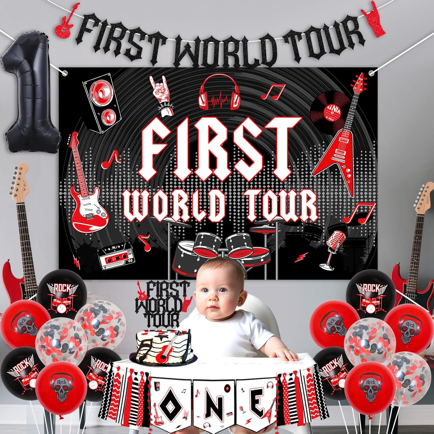 Kreatwow Rocks 1st Birthday Decorations Red Black First World Tour Birthday Backdrop Banner One Rocks Highchair Banner Rock-N-Roll Party Cake Topper Rock Music Party Balloons for Born To Rock 1st Bday