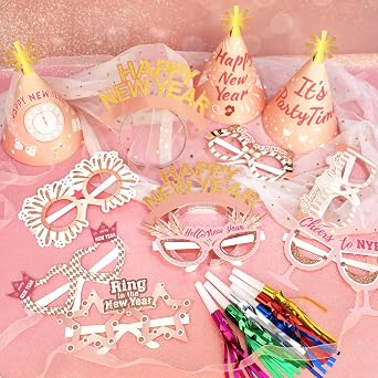 HOWAF 2026 News Year's Eve Party Supplie, Happy New Year Headband Tiara, New Years Glasses 2026, New Years Top Hats, Fringe Noisemaker Blowout for New Year Eve Party Supplies Favors, Rose Gold
