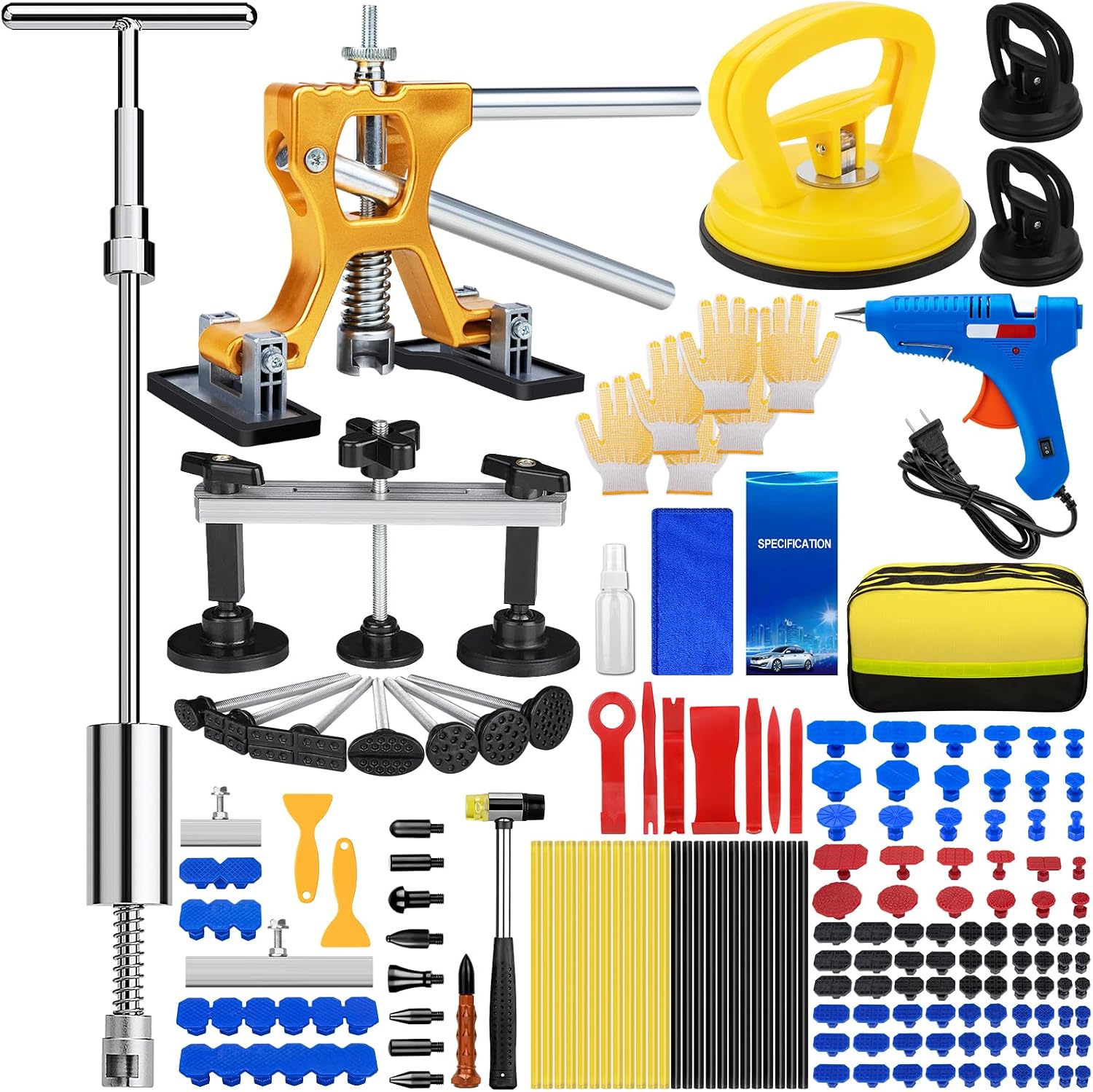 158pcs Car Dent Puller Kit, Paintless Dent Repair Kit with Golden Lifter, Dent Remover Tool for Car Dents, Hail Damage, Door Ding Repair