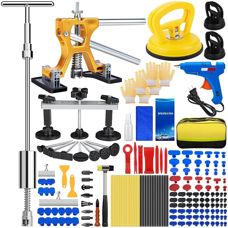 Kit de Reparo de Amassados sem Pintura Reboun com Extrator Dourado, Martelo Deslizante, Extrator de Ponte e 158 Peças