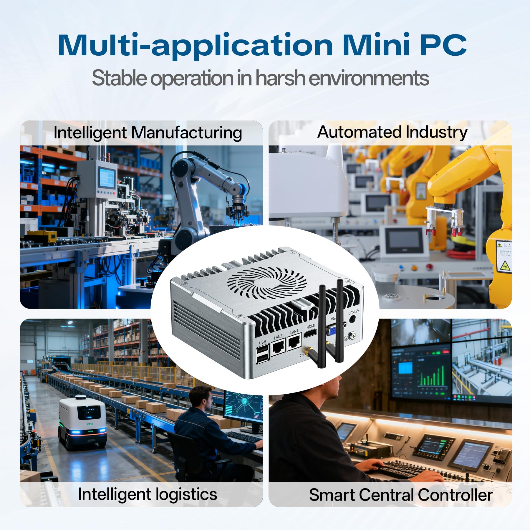 Mini PC Fanless,PC industriale senza ventole i5-1235U(10 Core/12 Thread),Display 4K HDMI+VGA,2RS232 Seriale,2RJ45 LAN,6USB,Windows 11 Pro,Auto Power On & WOL,Case in Metallo(16GB RAM 1TB SSD)