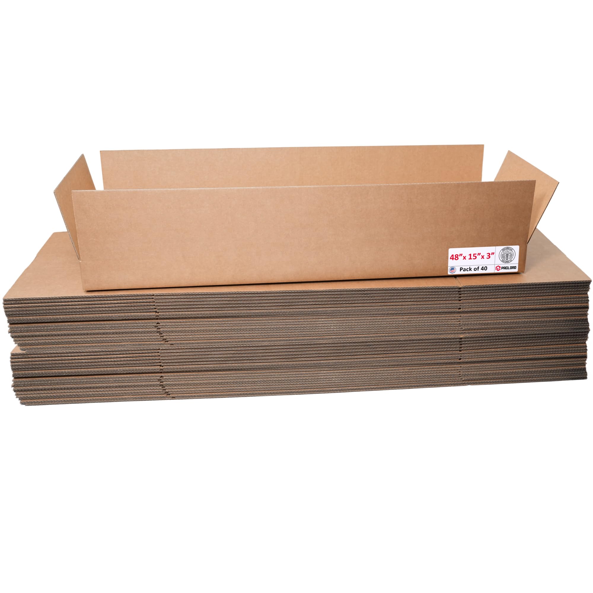 Flat Cardboard Boxes 48"L x 15"W x 3"H (Pack of 40) - USA-Made Packing Boxes for Moving, Shipping, or Storage - USPS, UPS, FedEx Approved - Professional Packing Supplies for Moving | USA-Made Packing Boxes for Moving, Shipping, or Storage - USPS, UPS, FedEx Approved - Professional Packing Supplies