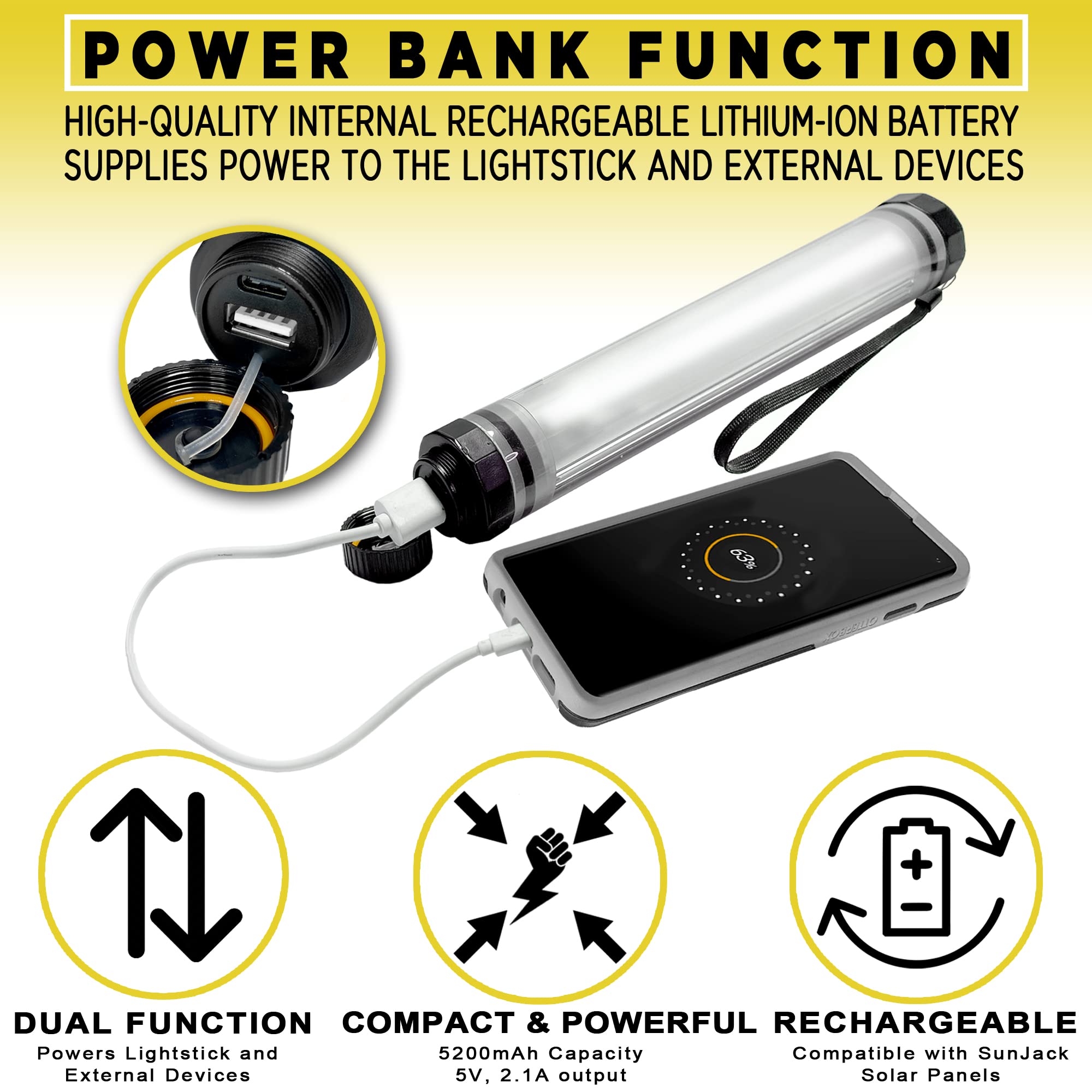 SunJack impermeable Lightstick (TM) – Luz con banco de energía portátil para Camping, Backpacking, y de emergencia Kit de supervivencia