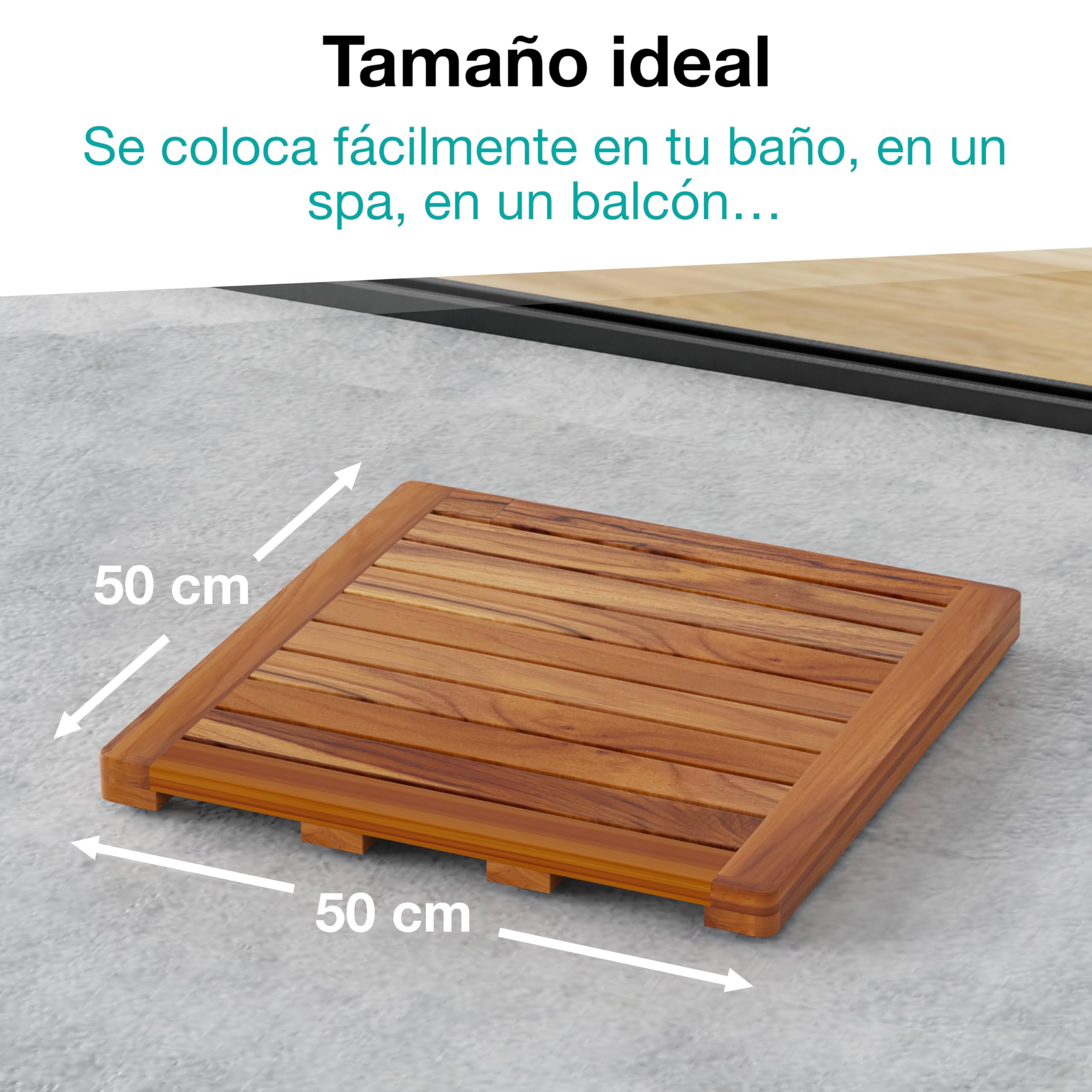 Tarima de Ducha 50 x 50 cm - Madera de Teca - Resistente Al Agua Y Al Moho - Alfombrilla De Baño Cuadrada - Interior, Exterior, Jardin, SPA - Alfombra Antideslizante - CB5050