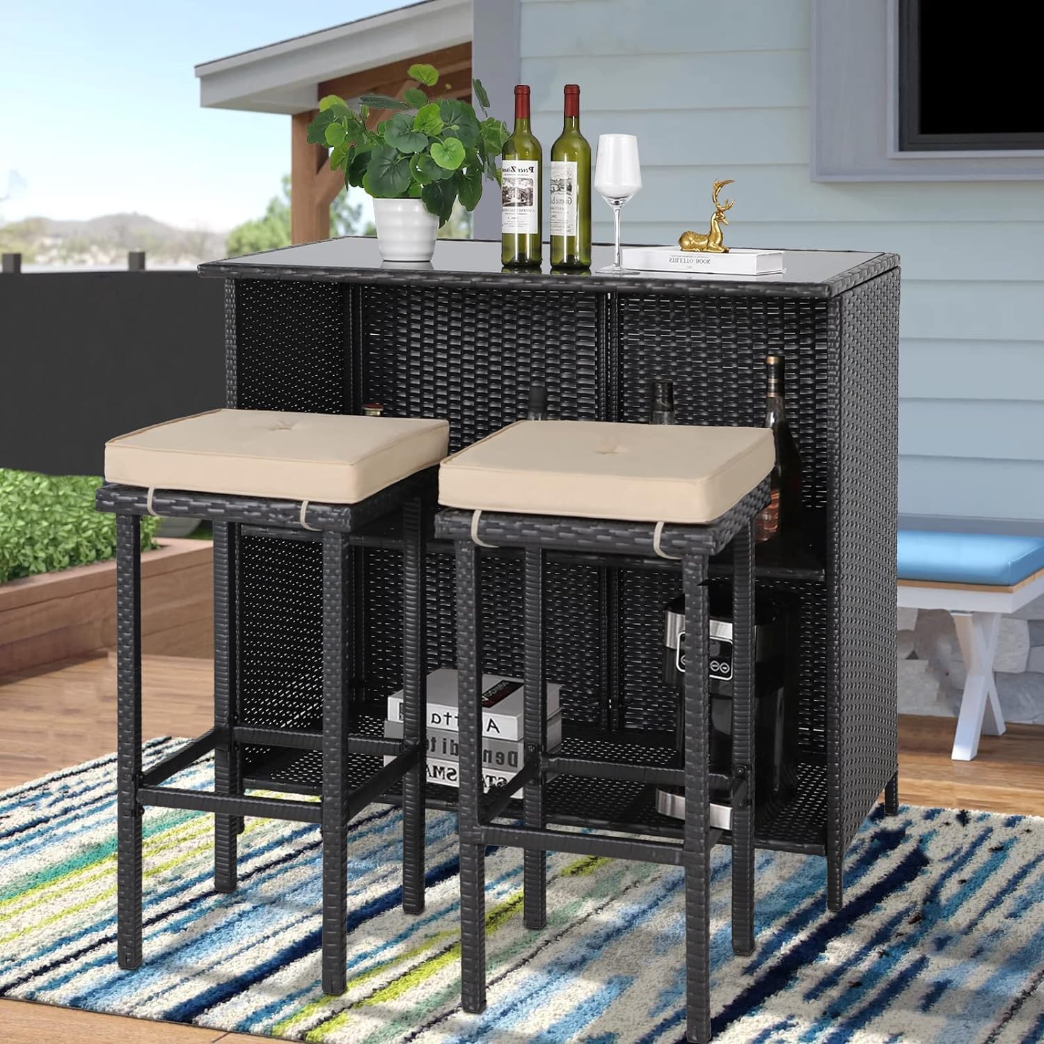 Outdoor Bar Set 3-Piece Rattan Wicker Patio Furniture, Glass Bar and Two Stools with Cushions and 9 FT Patio Umbrella for Patios, Backyards, Porches, Gardens or Poolside(Champagne)