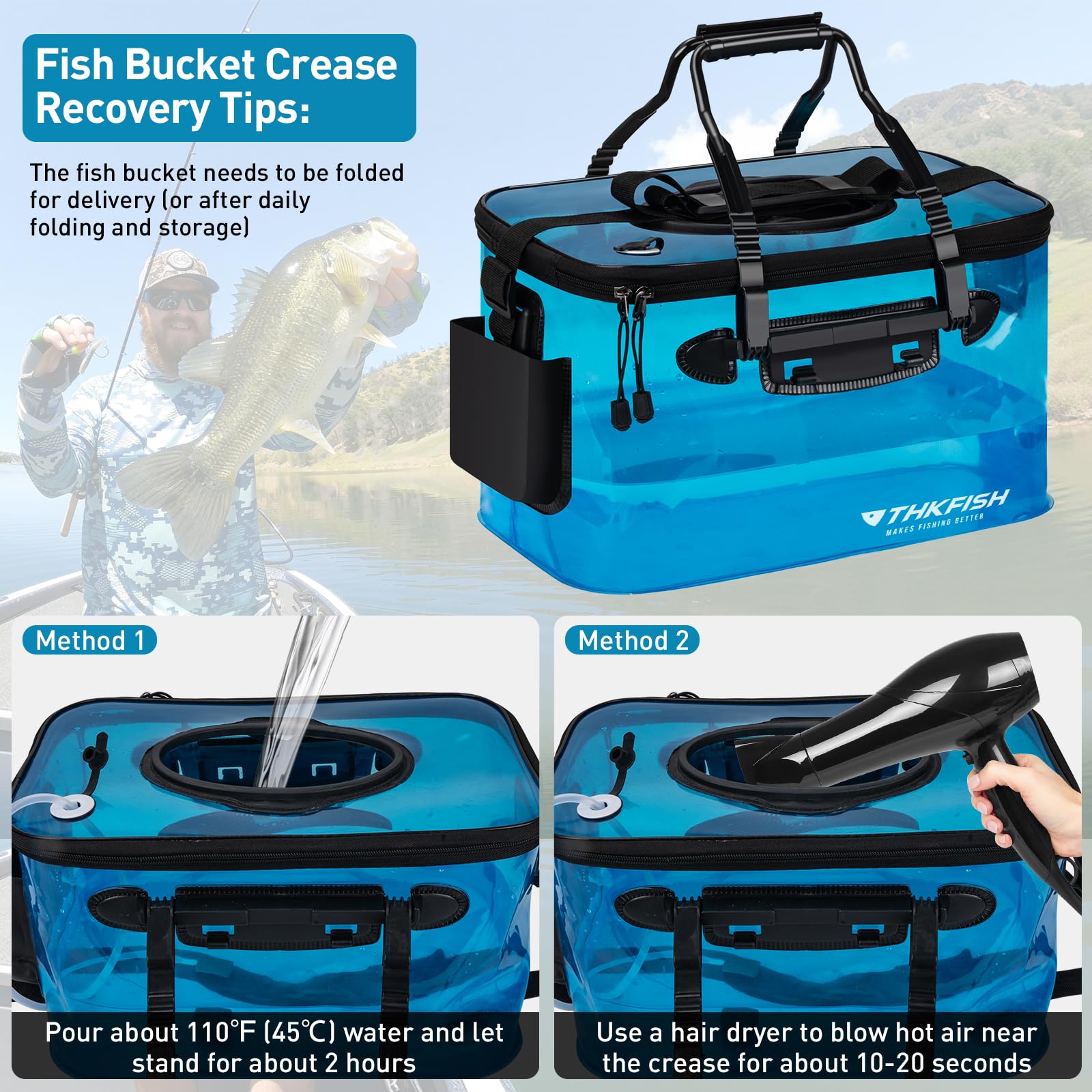 Seau de pêche pliable transparent de 18 litres, seau à appât pliable pour poissons vivants, seau à appâts vivants multifonction pour la pêche, l'eau salée, le camping, les déménagements