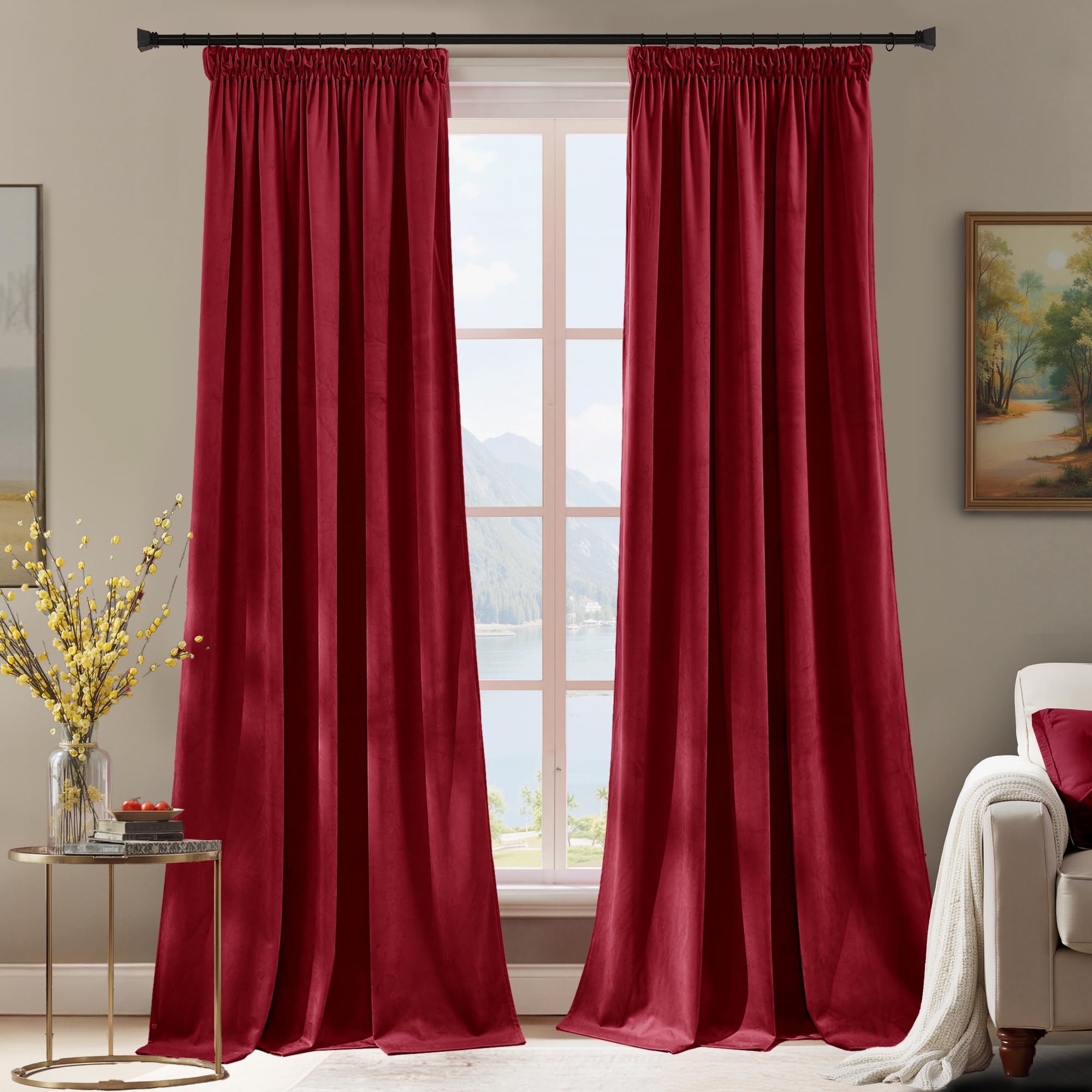PONY DANCE Blackout Velvet Curtains with Pencil Pleat, Red, 66x90 Inch