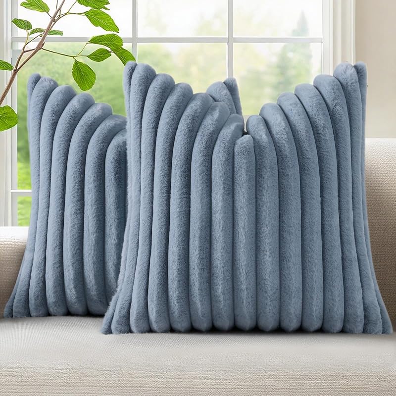 decorUhome Fall Faux Fur Throw Pillow Covers 18x18 Set of 2 Grey Blue | Decorative Soft Cozy Striped Plush Modern Farmhouse Boho Couch Pillow Cases Velvet Back for Sofa Bed Living Room Home Decor