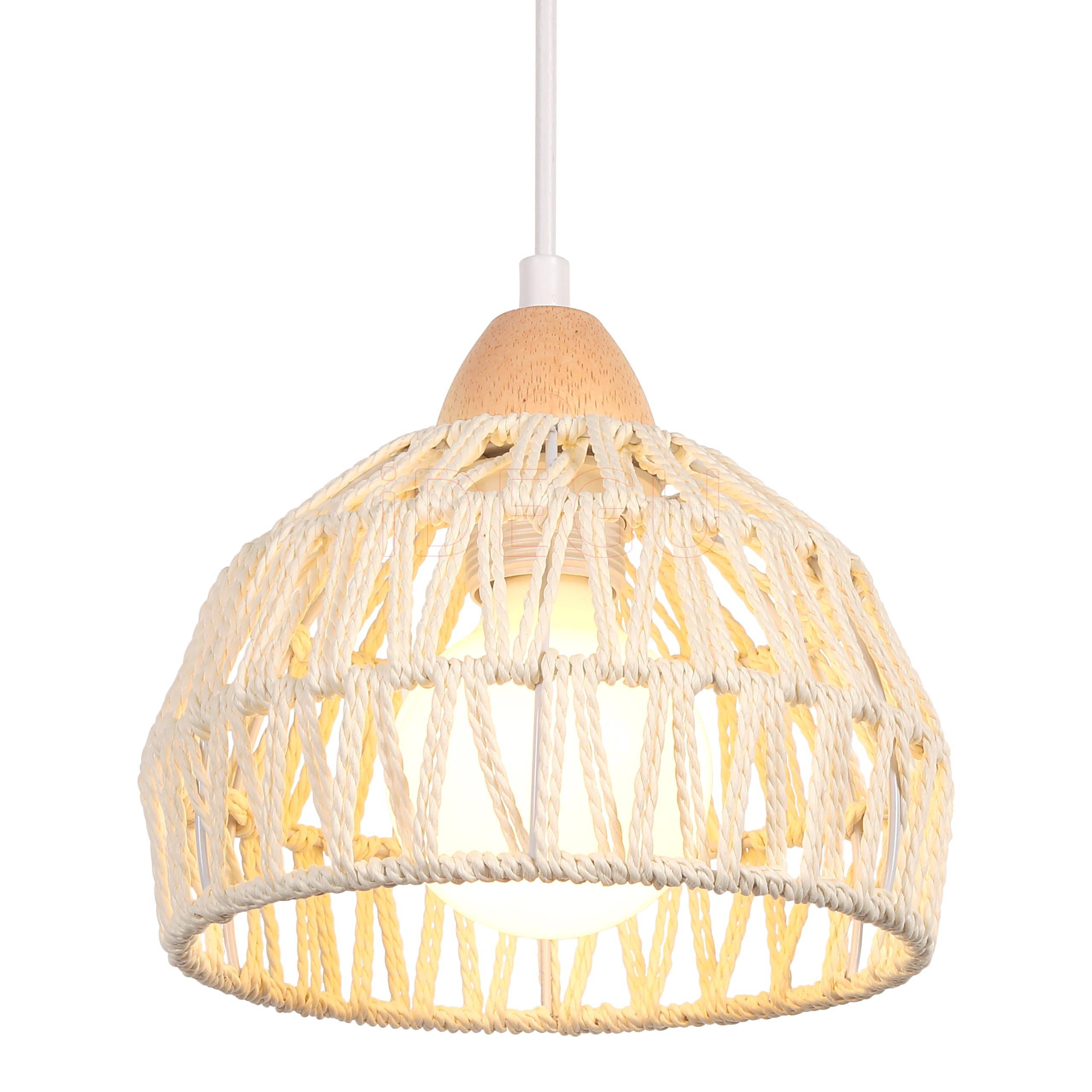 iDEGU 20cm Retro Pendant Light E27 Ceiling Light Bohemian Style Hanging Lampshade in Rattan Wood Vintage Pendant Light Fixture for Bedroom Dining Room Kitchen Restaurant Cafe (Cream White)