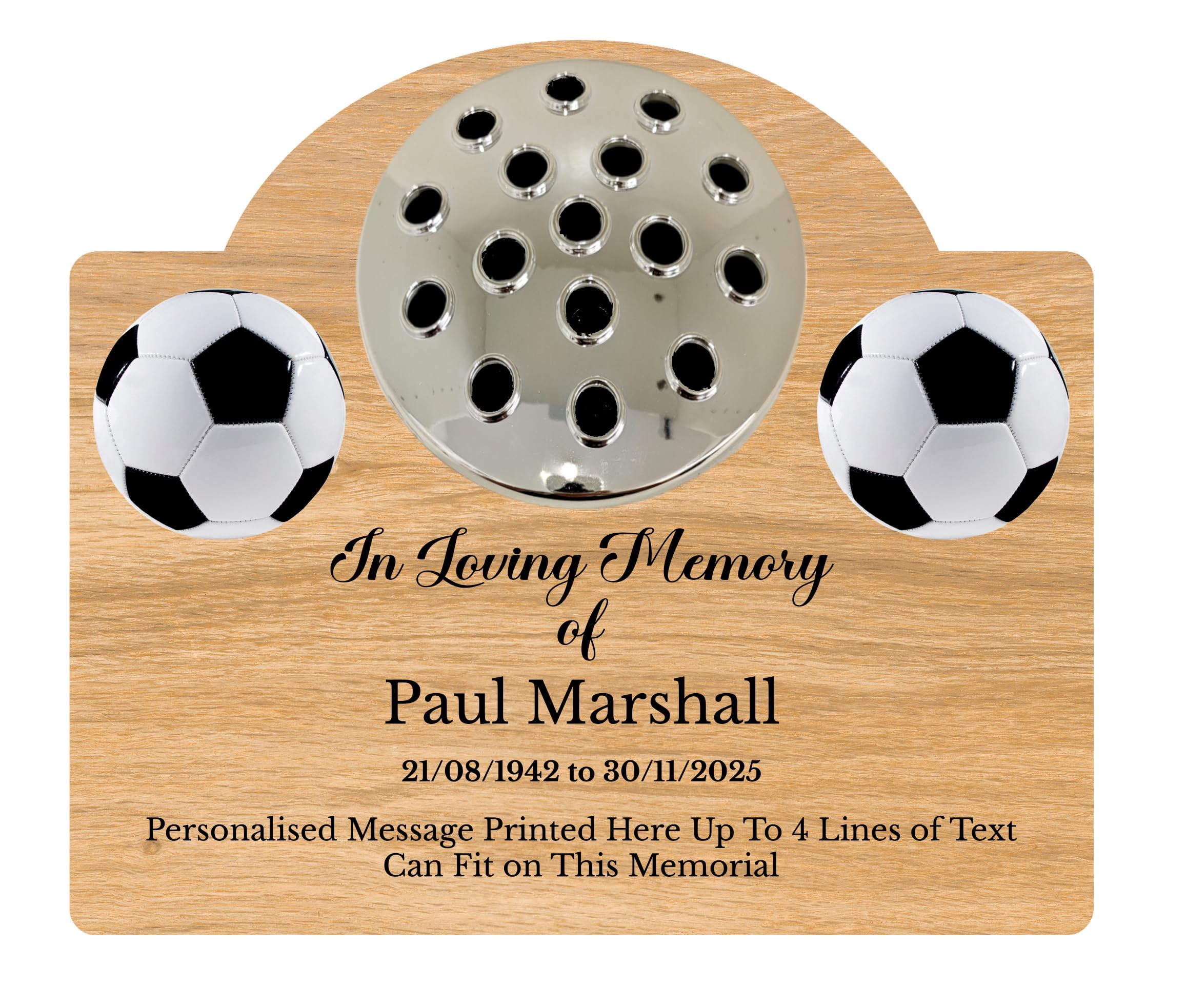 1stclassgifts Personalised Football Design Metal Grave Stone Marker Headstone Memorial Plaque In Memory Sign Remembrance Flower Pot Vase (UV PRINTED) (Light Wood, Silver Lid)