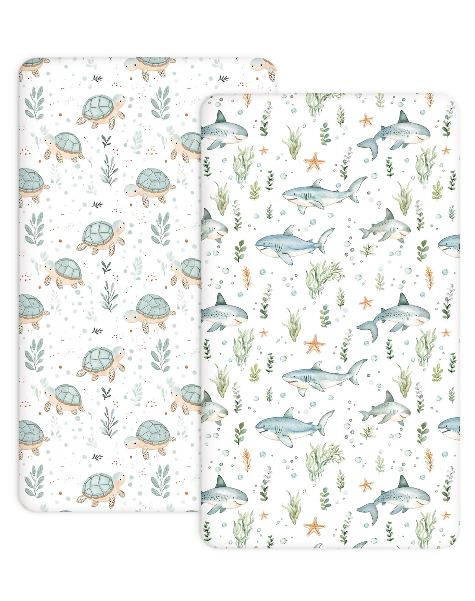 Bedside Bassinet Sheets 2 Pack, 33" x 20" Fitted Sheets, Turtle &amp; Shark