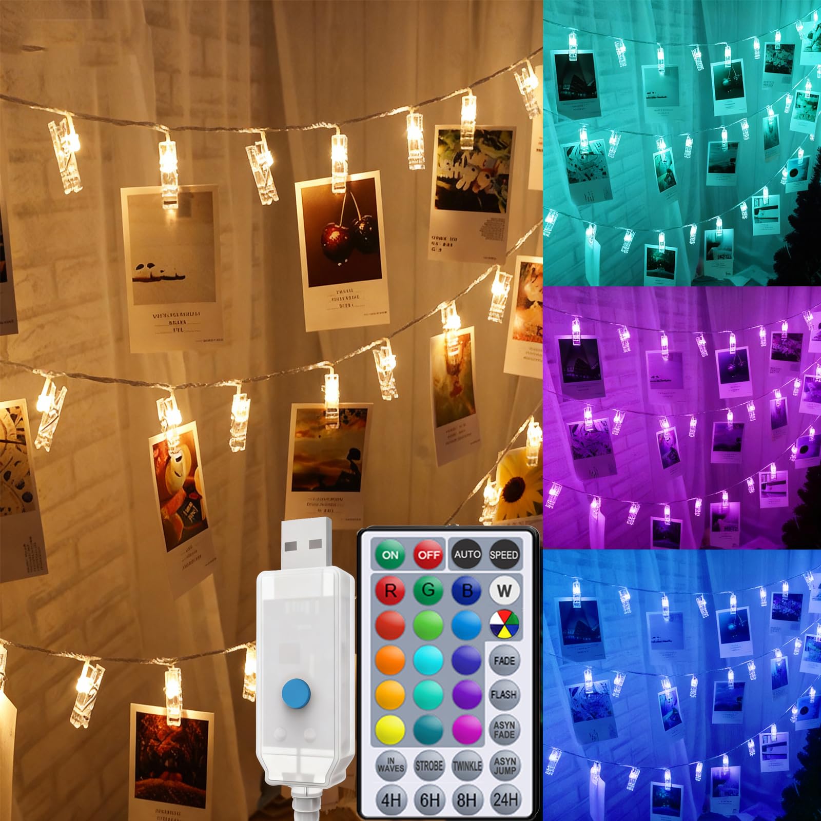 Solhice Photo Clips String Lights Color Changing 10ft, 20 LEDs RGB Hanging Pictures Wall Display Lights for Teenager Christmas Gift, Teen Girl Room Decor with USB Powered Remote Control
