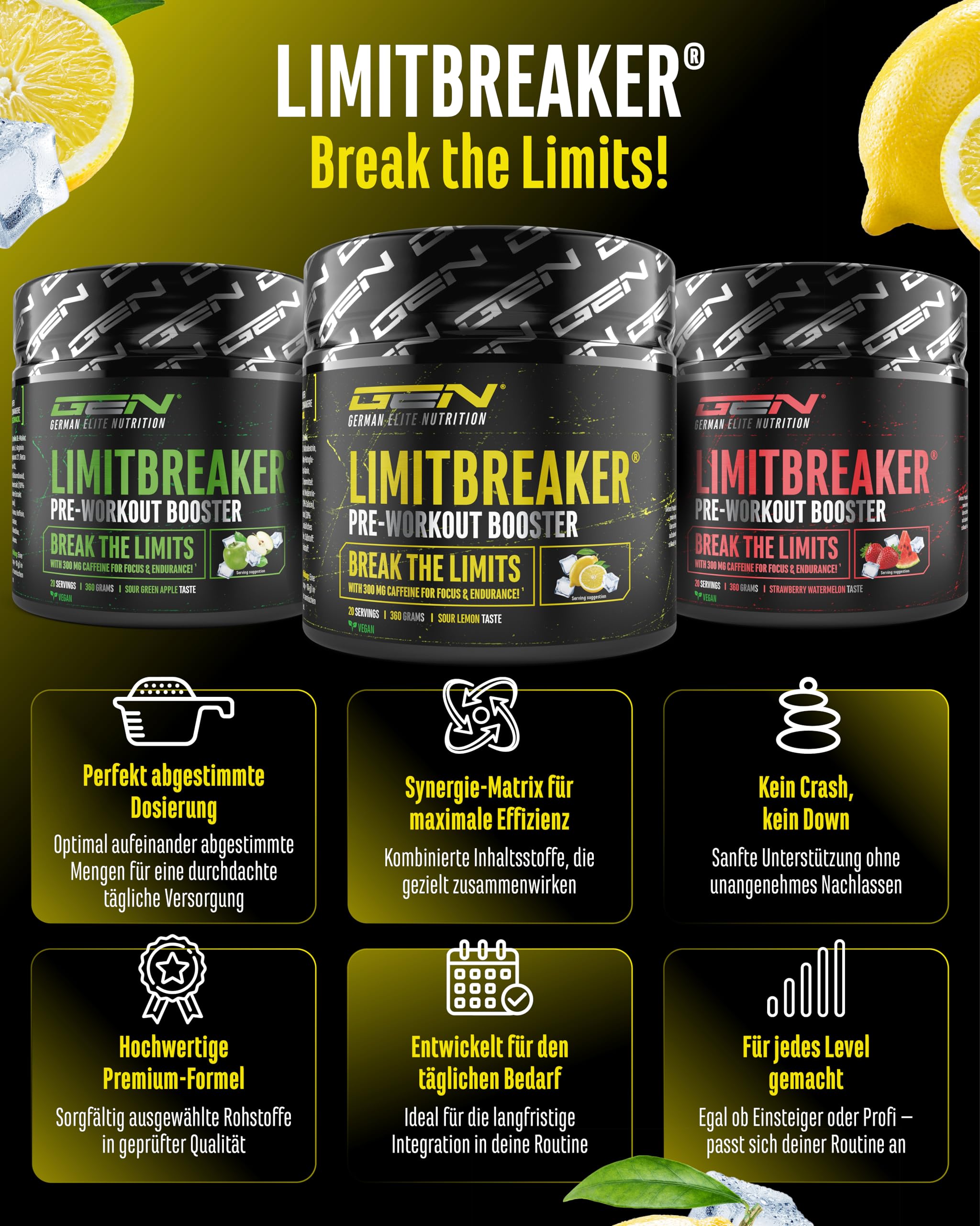 GEN GERMAN ELITE NUTRITION LIMITBREAKER® Pre Workout Booster - 360 g | 300 mg Koffein, mit L-Citrullin, AAKG, Beta Alanin & L-Theanin, hochdisiert, 20 Portionen, Saurer Zitronen Geschmack