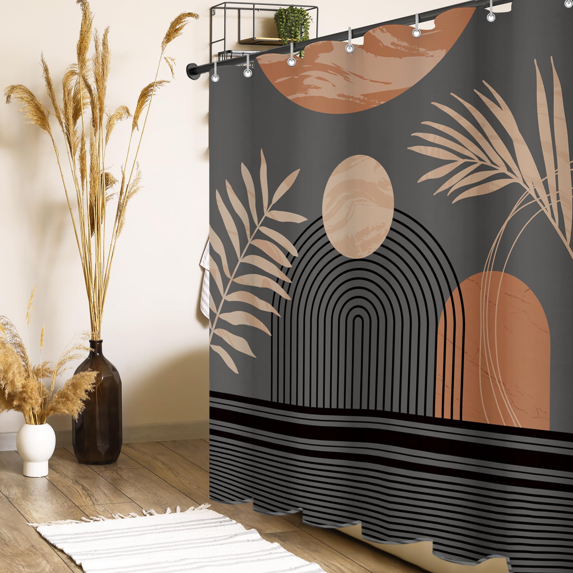 Boho Mid Century Leaf Shower Curtain,Arch Sun Design,Minimalistic Leaves Pattern,Waterproof Luxurious Chocolate Fabric-12 (60"x72")