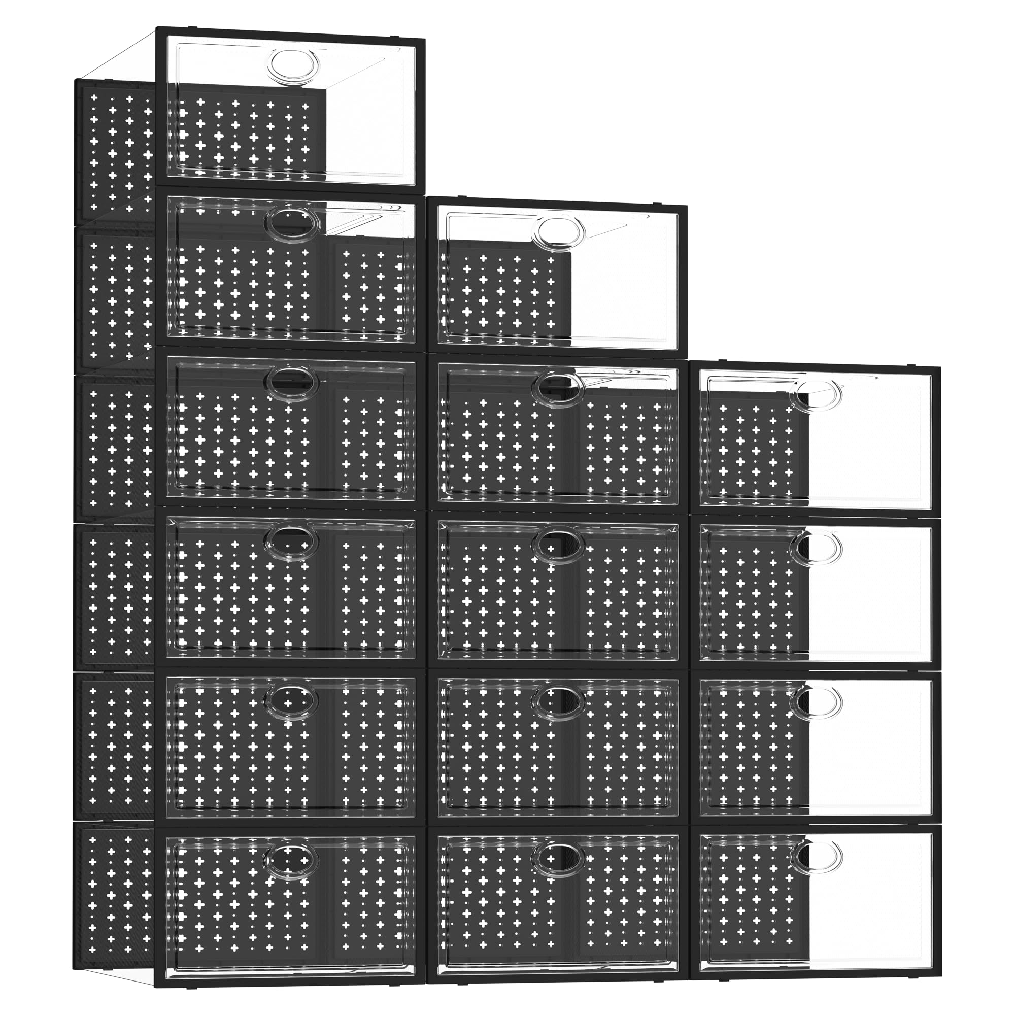 Pinkpum 15 Pack X-Large Shoe Storage Boxes, Shoe Organizer for Closet Clear Plastic Stackable Shoe Dispaly Case Bins Holder, Sneaker Storage Black