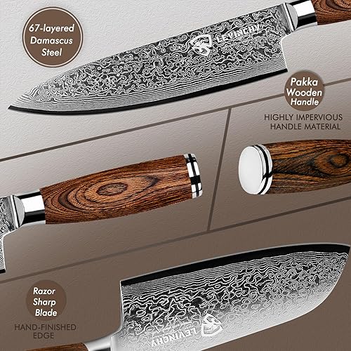 Miniatura 5 de LEVINCHY Juego de cuchillos de cocina Damasco de 3 piezas, cuchillo de chefSantokufilete, cuchillo de cocina hecho a mano de acero inoxidable de