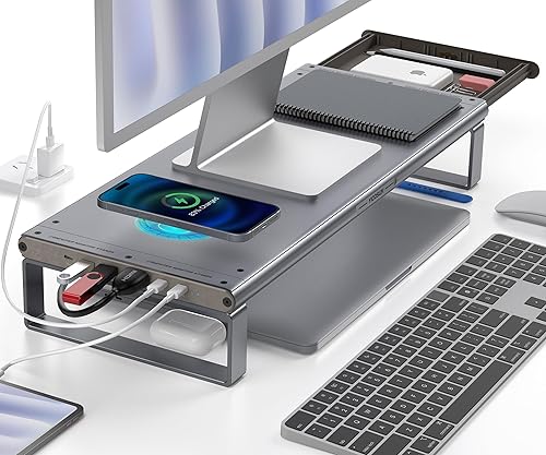 Soporte para monitor HUB - Elevador de aluminio con estación de acoplamiento 6 en 1 4K HDMI, USB-C, USB 3.0, PD 100W, carga inalámbrica, organizador