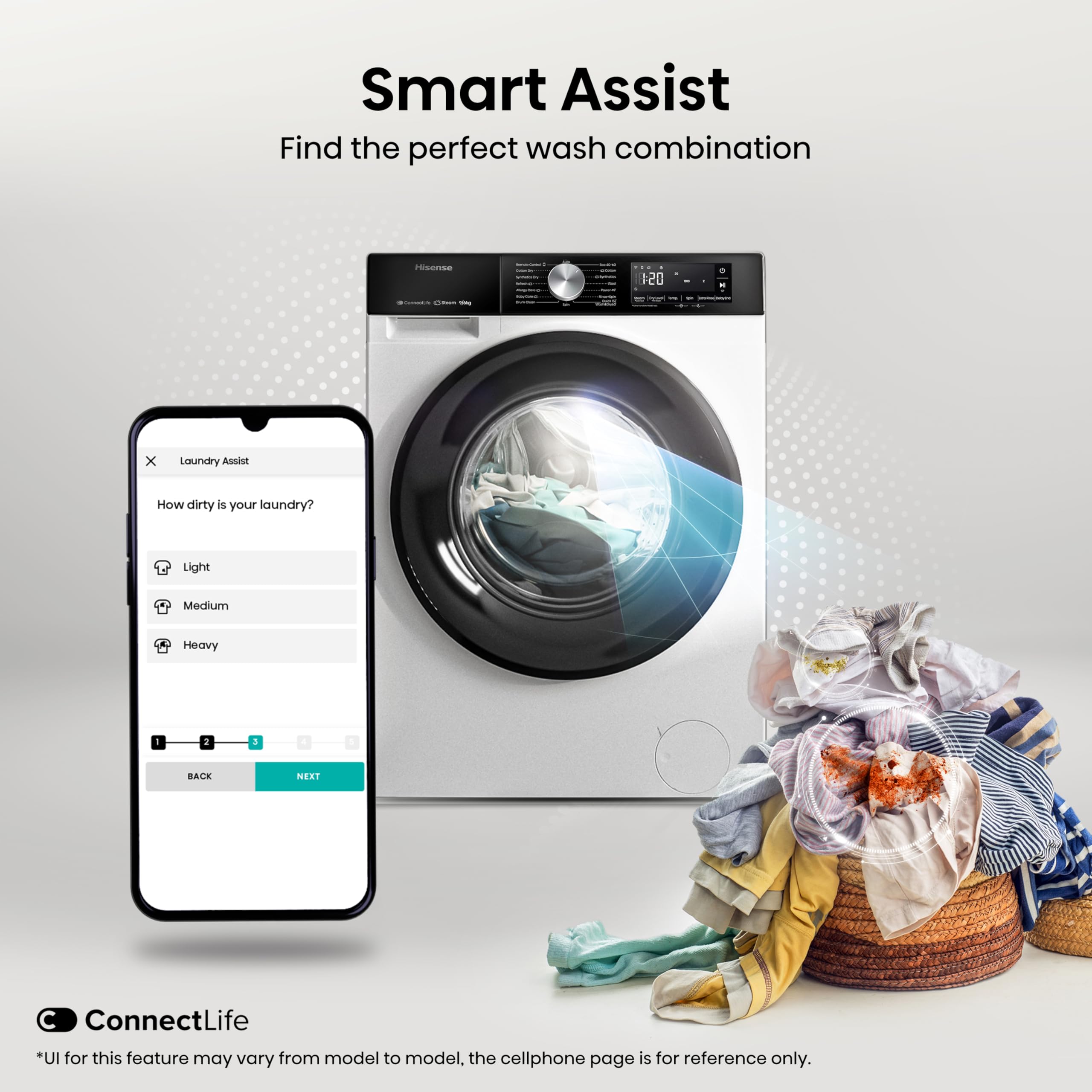 Hisense 3S Series WD3S9043BW3 Wifi Connected 9Kg / 6Kg Washer Dryer with 1400 rpm - White - D Rated [Wash&Dry], A Rated [Wash Only] — view 6