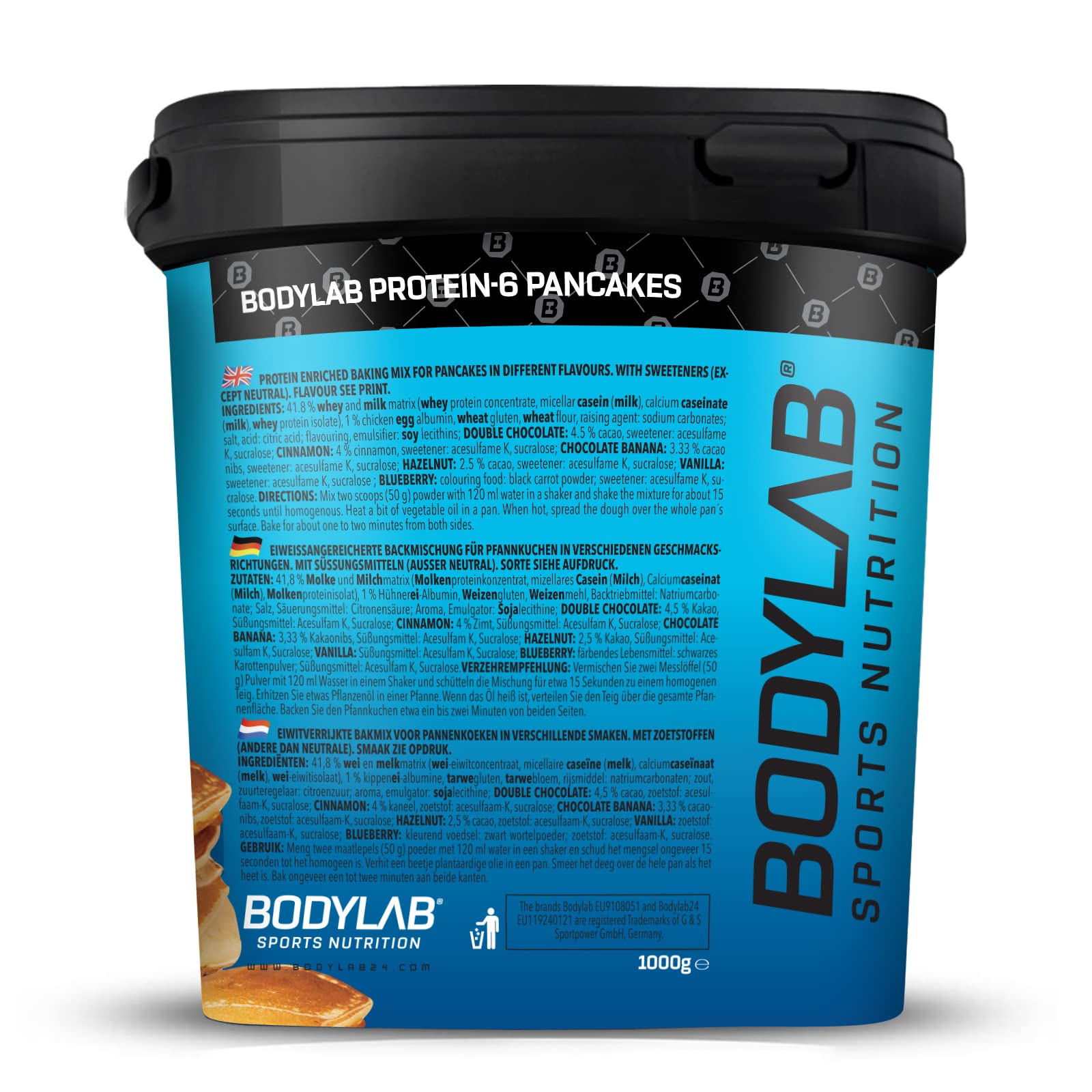 Bodylab24 Protein Pancake Mix Protein-6 Pancakes Vanille 1kg, poudre pour crêpes avec presque 60% de protéines, poudre de protéines multicomposantes