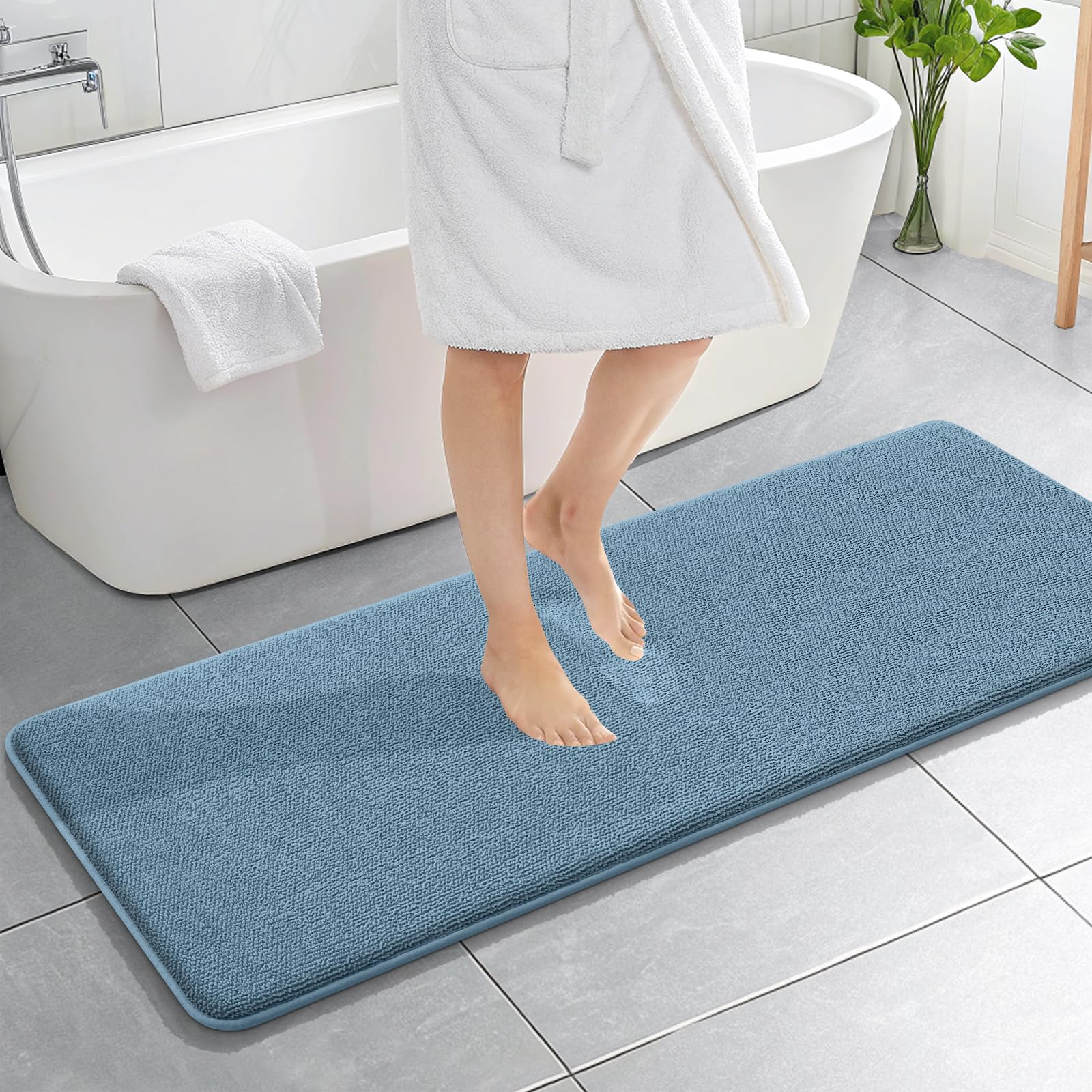 OLANLY Memory Foam Bathroom Runner Rug 59x20, Absorbent Long Mat, Airy Blue