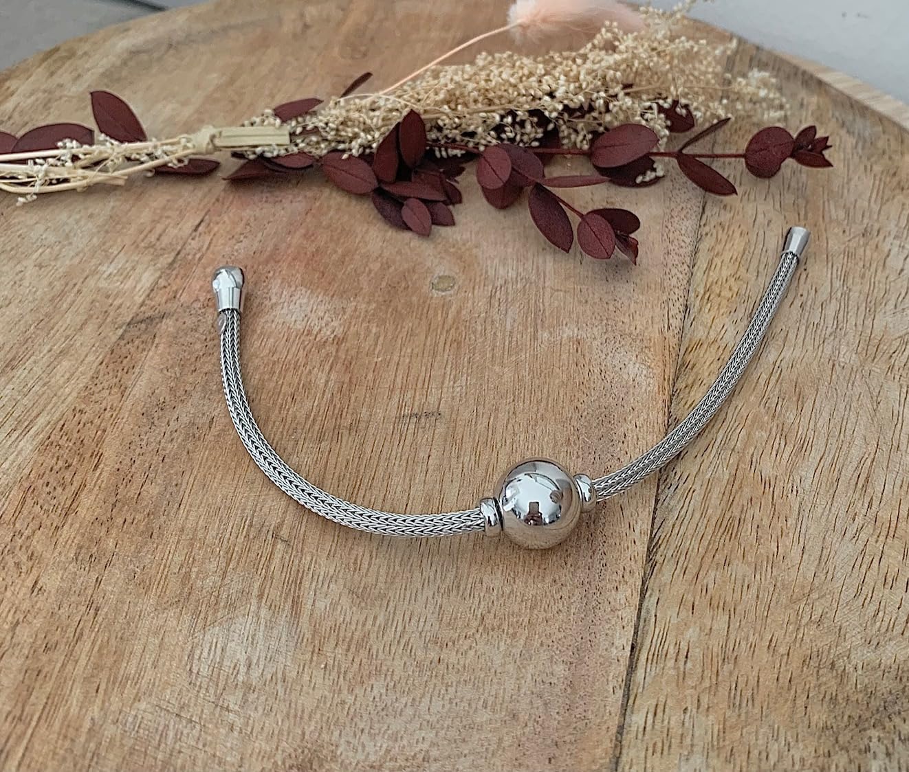 Bracciale a maglia palma con sfera in argento 925 rodiato - CPL, Taglia unica, Argento sterling Metallo Argento