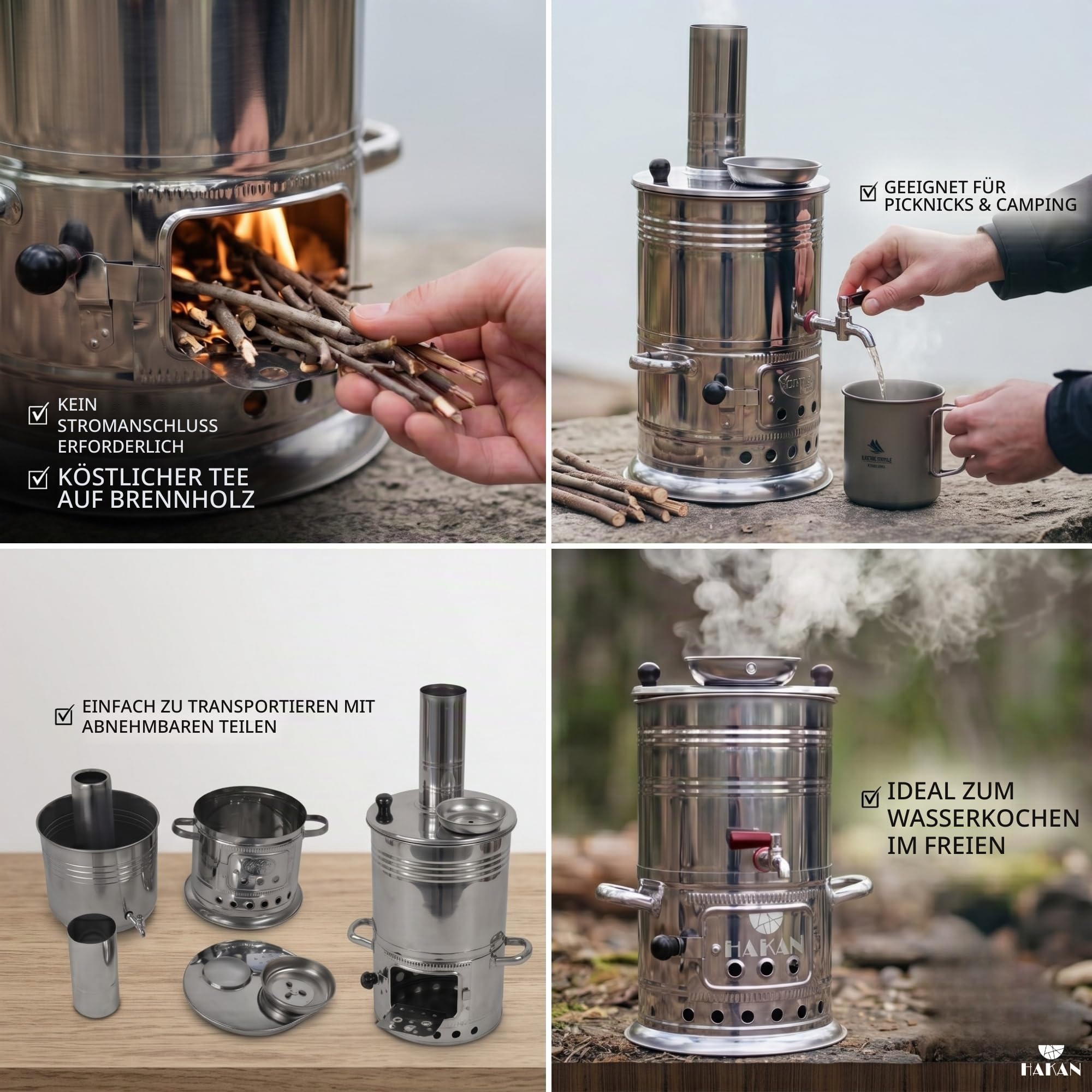 Hakan Tragbarer türkischer Samowar-Teekessel, Camping-Wasserkocher, Teekanne, Holz, Kohlen befeuerte Semaver-Teekanne, Warmwasserbereiter für Camping, Picknick, Jagd, Outdoor-Aktivitäten, schwarze