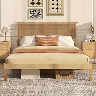 Giantex Queen Size Rattan Bed Frame with Rattan Headboard, Boho Solid Wo...