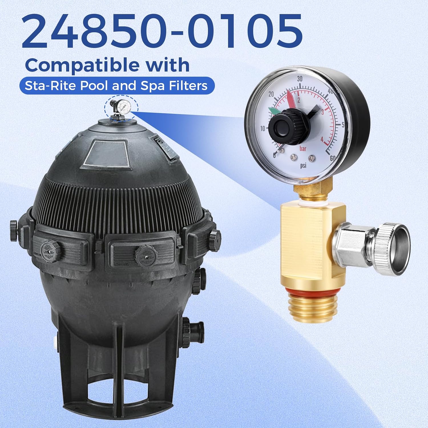 24850-0105 Air Relief Valve and Gauge Assembly Compatible with Sta-Rite System 3 Modular Media SM Series and Spa Cartridge Filter
