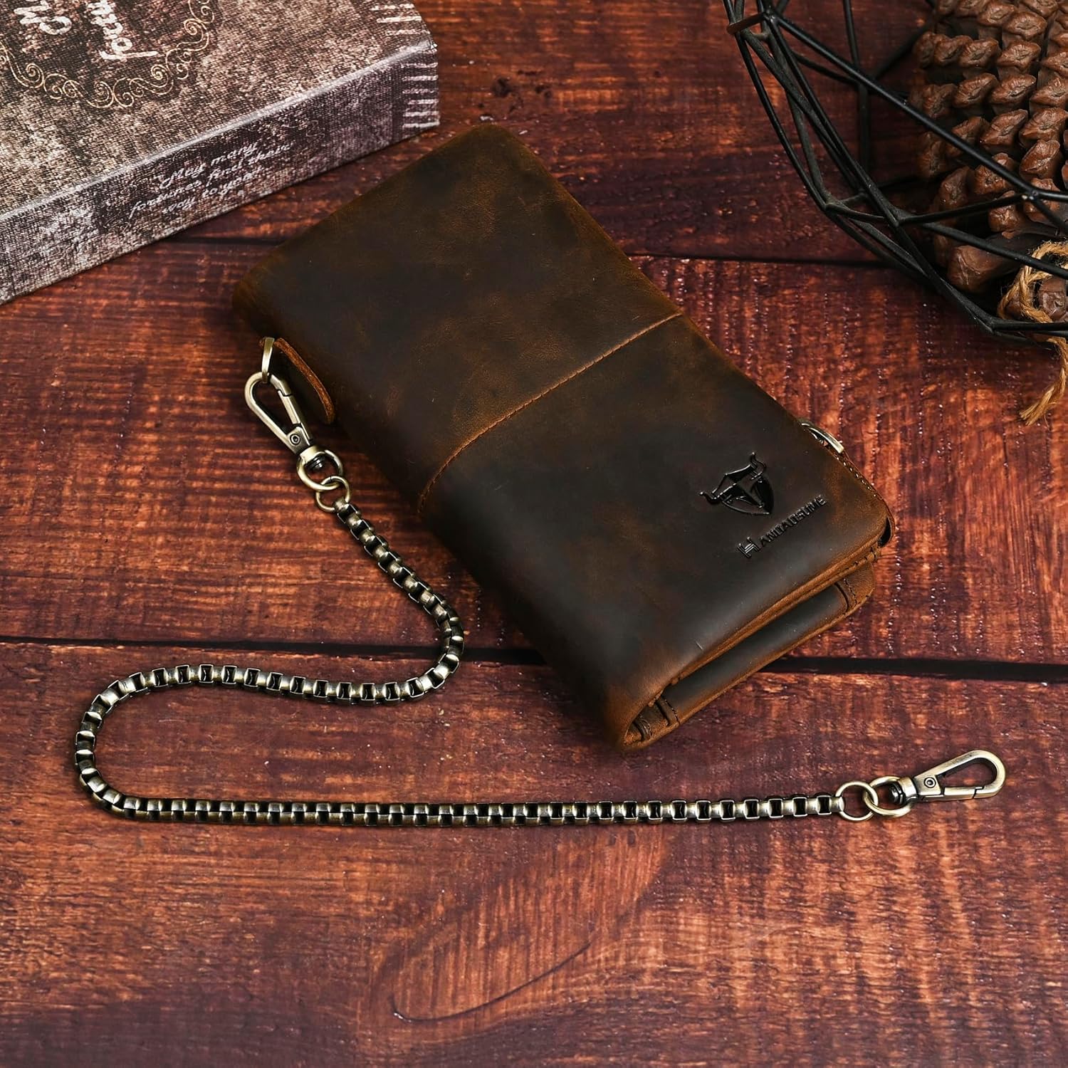 Genuine Crazy Horse Leather Travel Gift Coin Pocket Card Case Long Organizer Chain Rfid Wallet Purse With Snap For Men Male 1029 (1029 Brown) image 4 of 7 B0CLR6DFF1