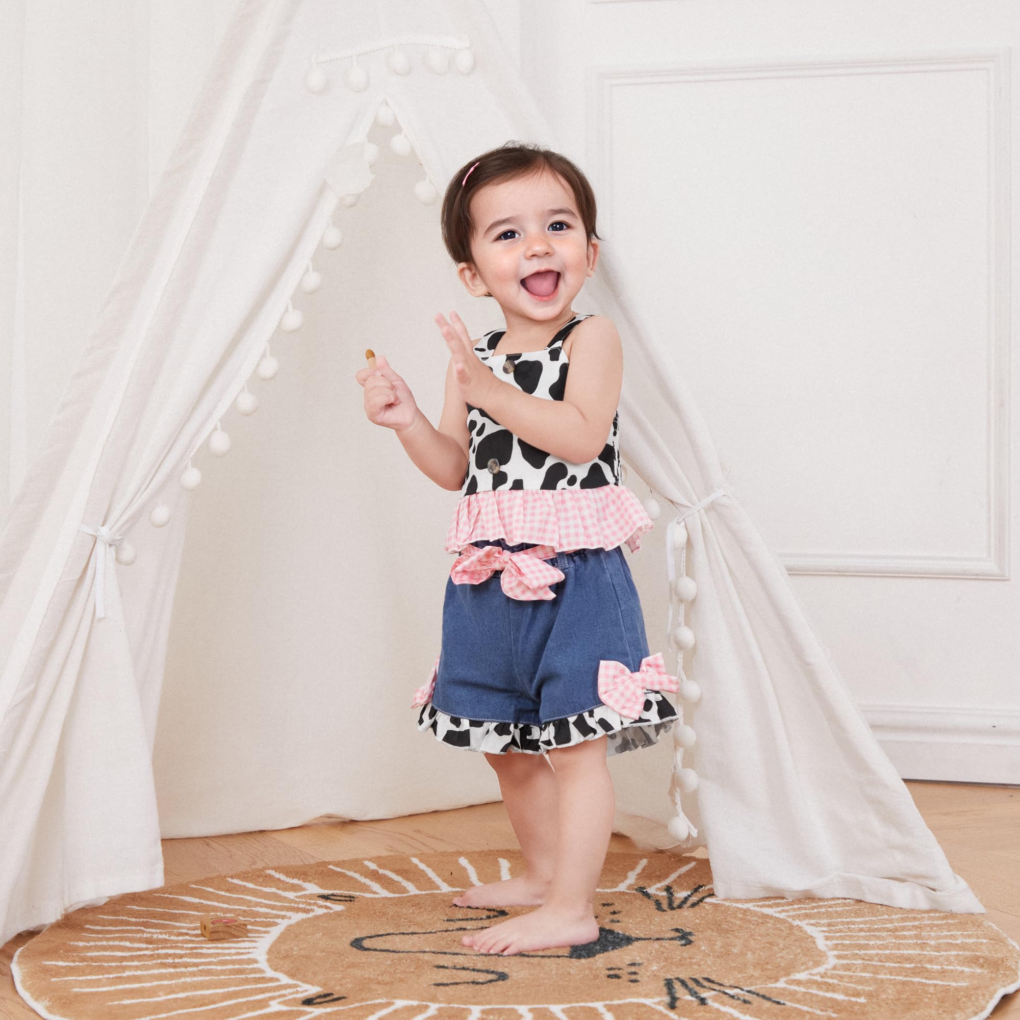 Emmababy Toddler Cowgirl Outfit Denim Set Kids Jean Shorts Ruffle Crop Tank Top and Ripped Denim Outfit Western Clothes 0-6T(15 Pink,12-18 Months)