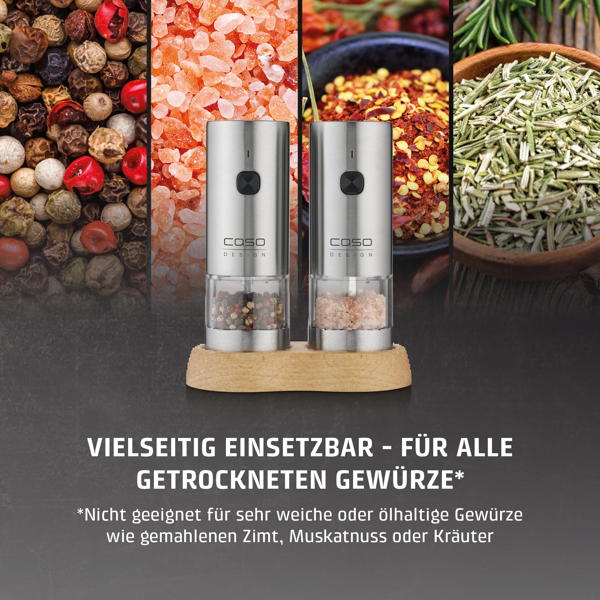 CASO SpiceDuo Elektrische Salz- & Pfeffermühle Set – Edelstahl Gewürzmühlen mit Keramikmahlwerk, stufenlos einstellbar, LED-Licht, USB-C aufladbar, Einhandbedienung & Holzhalterung