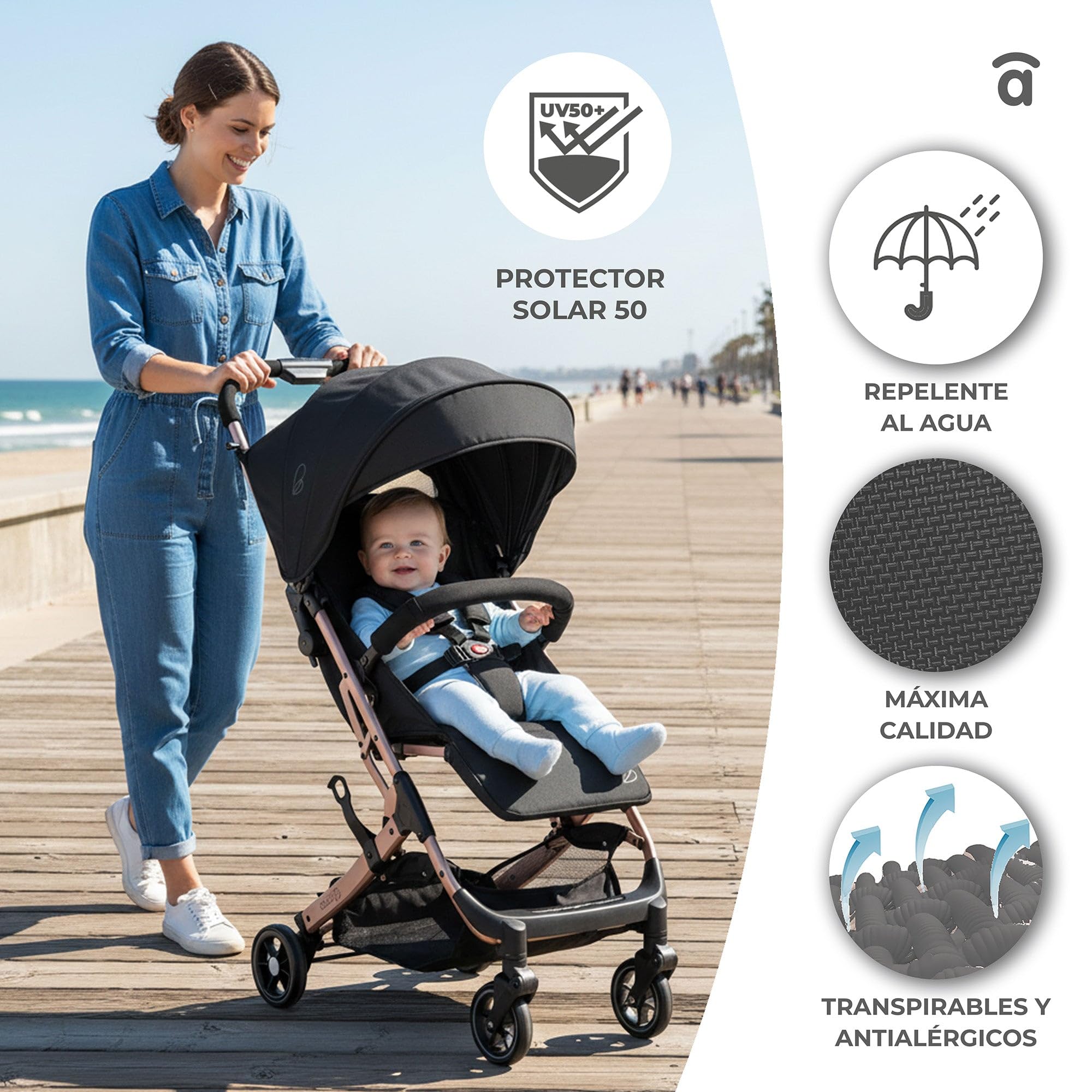 Silla de Paseo AMSTERDAM - Ultraligera, Reclinable y Compacta, Asa Trolley, Plegado con Una Mano, Capota Extensible, desde 6 Meses hasta 23 kg - Dorado Asalvo