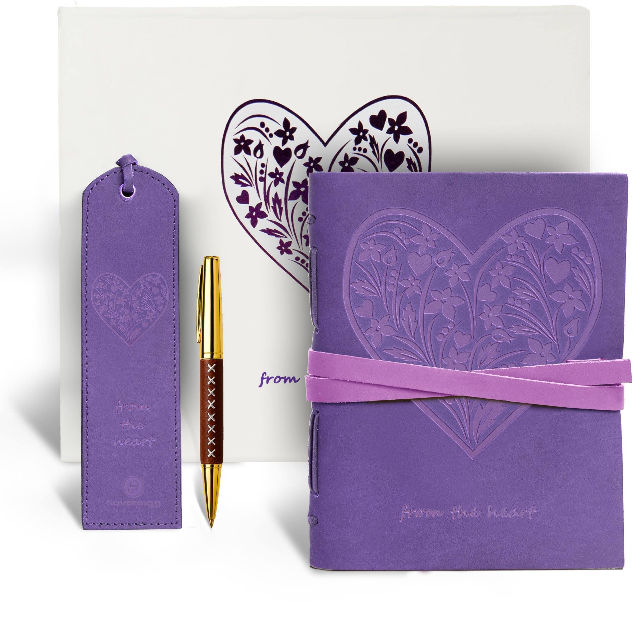 Leather Journal Embossed Purple Heart Gift Set + Antique Leather Bookmark + Pen, Handmade Writing Notebook 8x6 Inches Unlined Bound Daily Notepad For Men & Women, Luxury Gift Box for all ages