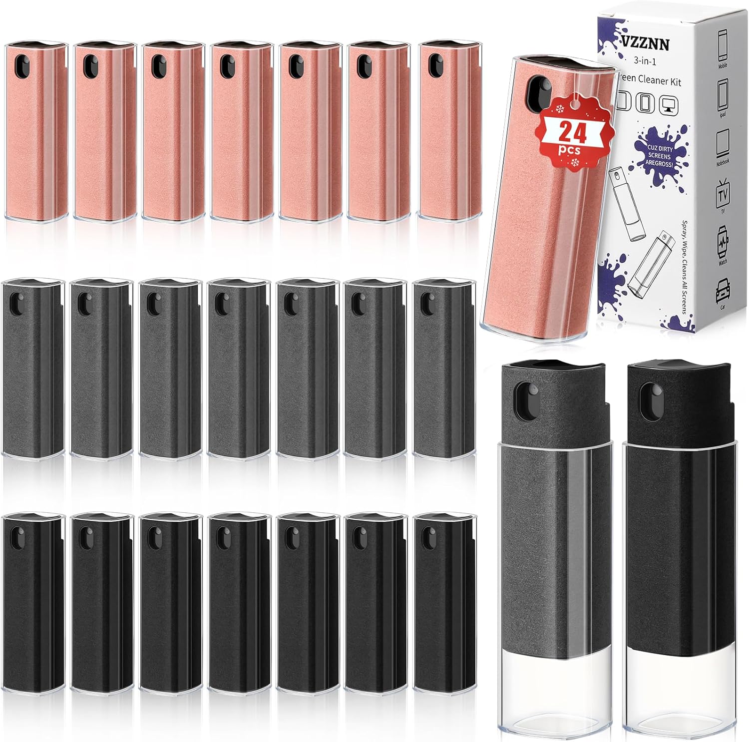24 Pack Screen Cleaner 3-in-1 Screen Cleaner Spray and Wipe Built-in Cleaning Solution Touchscreen Mist Cleaner for All Car Screen Phone Laptop iPad TV Monitor,Gray+Pink+Black