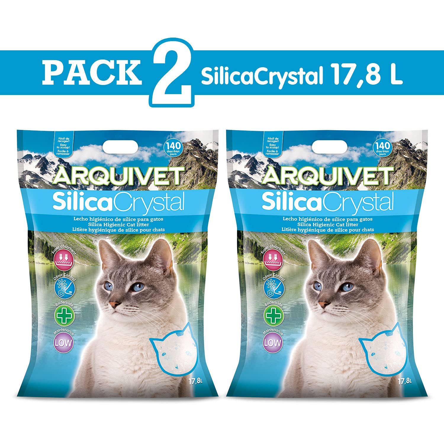 ARQUIVET Pack 2 unità - Silica Crystal - Capacità 17,8 L - Lettiera igienica per gatti, felini - Capacità assorbente - Aiuta ad eliminare odori e batteri