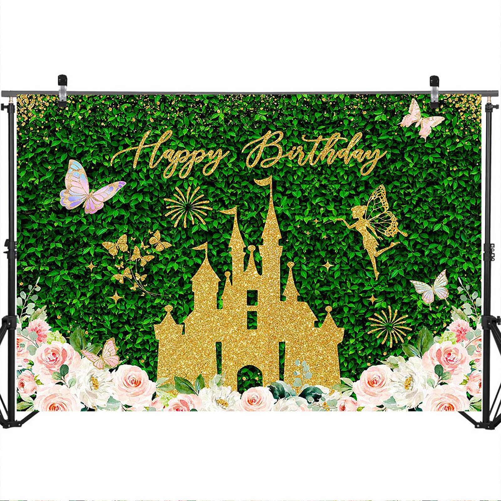 Avezano Zieleń tło urodzinowe złoty zamek różowy kwiatowy Happy Birthday Party dekoracje zielone liście motyl kobiety dziewczyny urodziny sesja zdjęciowa tło baner materiały (3 x 2,1 m)