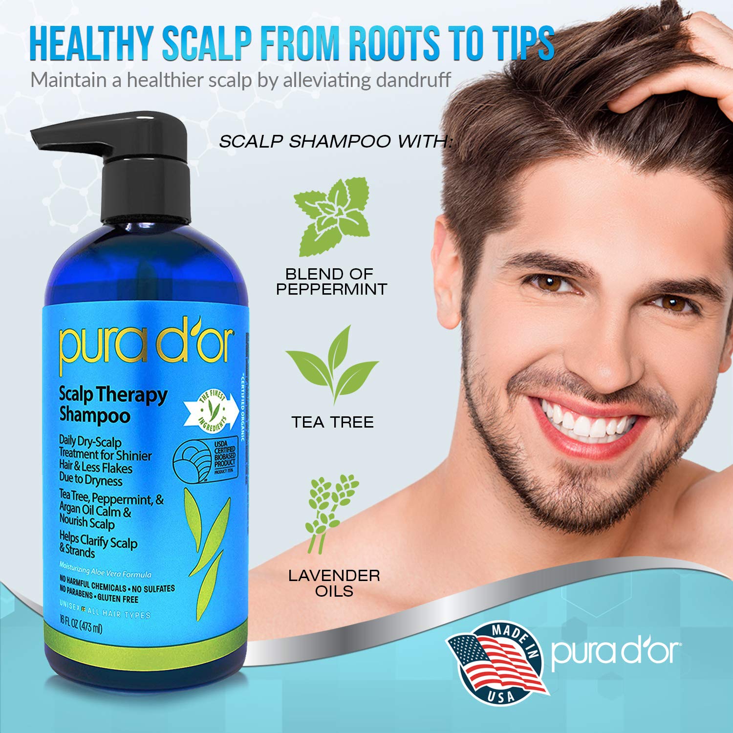 PURA D'OR Scalp Therapy Shampoo (16oz) Hydrates & Nourishes Scalp