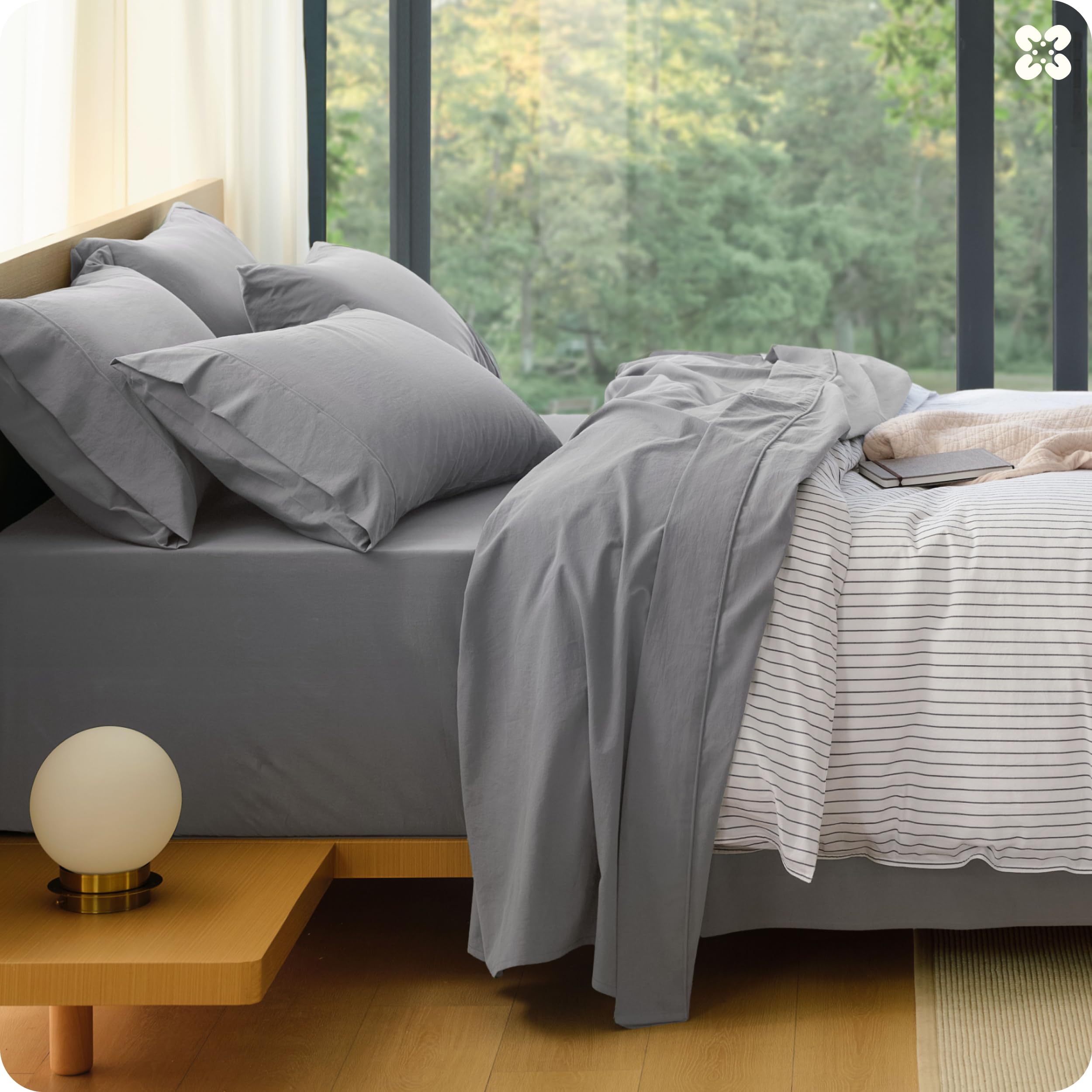 Bedsure 100% Washed Cotton Percale Sheets Queen Size - Linen Like Textured 6-Piece Bedsheet Set with 18" Deep Pocket, Breathable & PureWoven Soft Comfy (Linen, Queen) — view 12